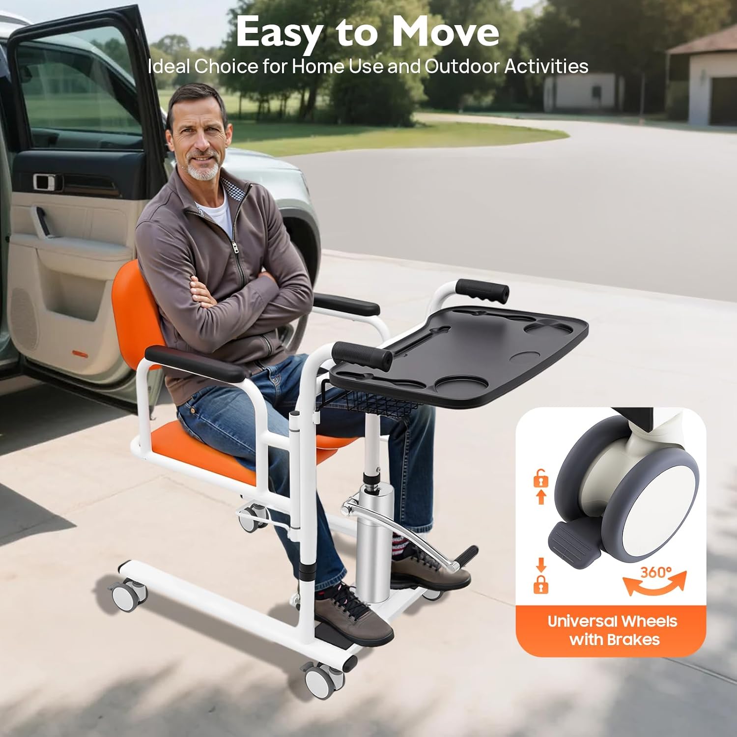 Patient Lift Transfer Chair for Elderly and Disabled Patient Lift Chairs 180°Split Seat with Portable Potty & Seat Cushion,Adjustable Hydraulic Lifting Height,330.7lbs (Orange)