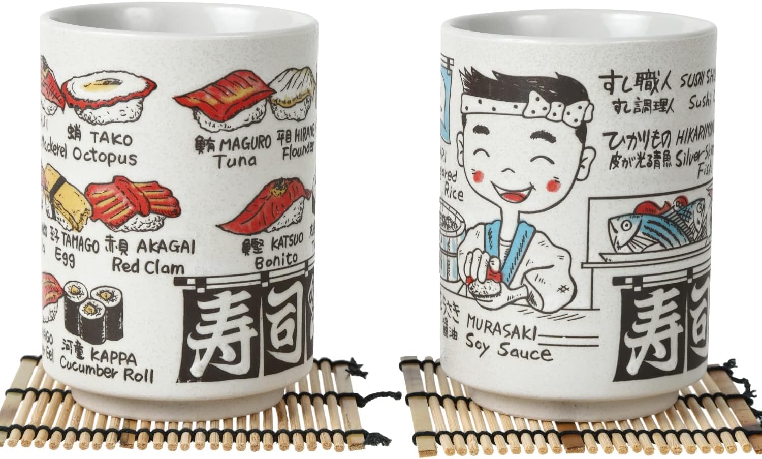 LOVE LOVE JAPANJapanese Tea Cups Sushi-Yunomi Mino Ware With Bamboo Coaster (Set of 2) (Sushi Chef)