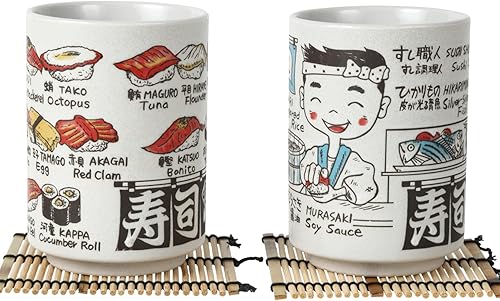 Tazas de té japonesas Sushi-Yunomi Mino Ware con posavasos de bambú (juego de 2) (Mt. Fuji)