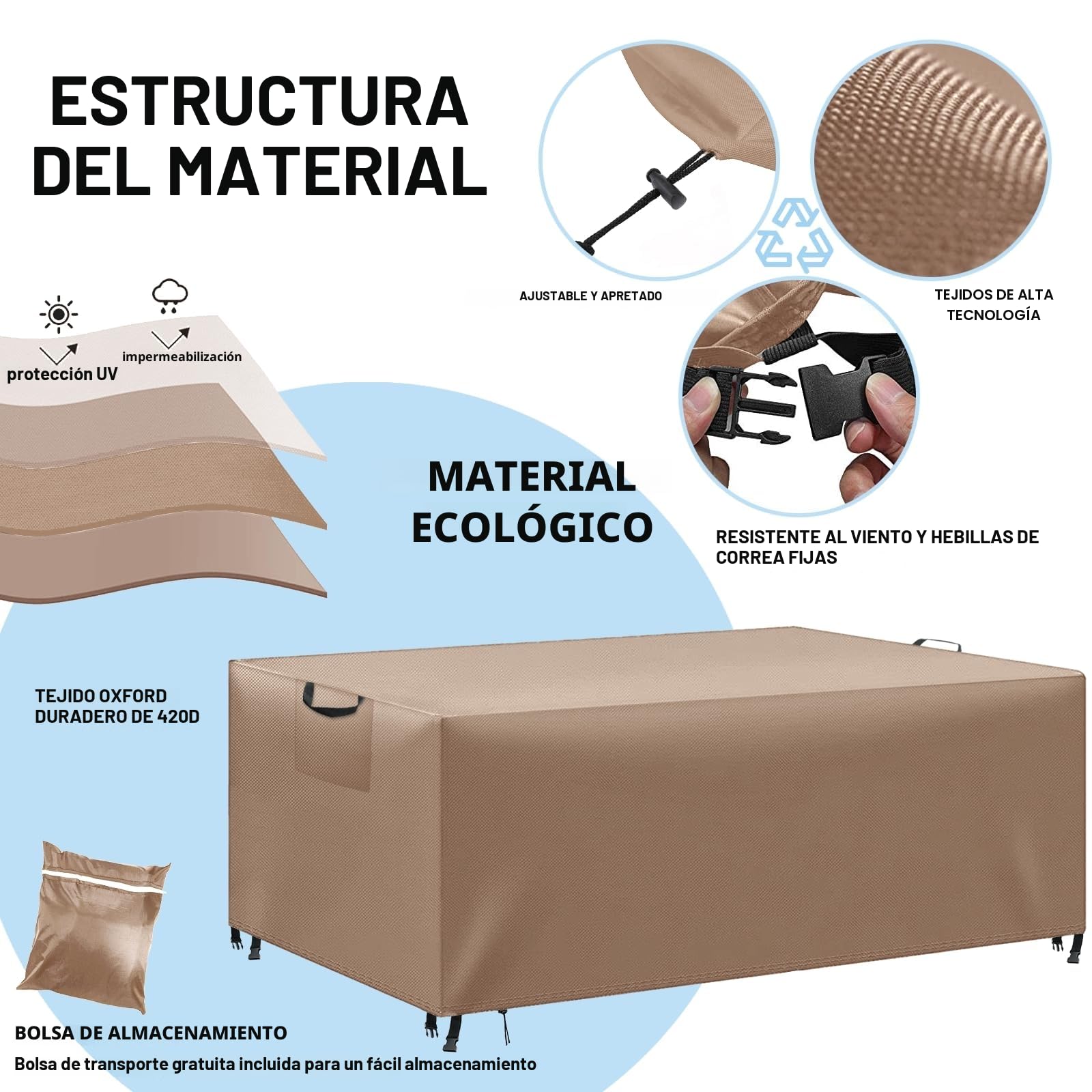 Funda para Muebles de Jardín Exterior, Funda Mesa Exterior Impermeable, Tela Oxford 420D, Anti Viento, Anti UV Funda Protectora Mesa Exterior con Salidas de Aire,Caqui, 200x100x75 cm