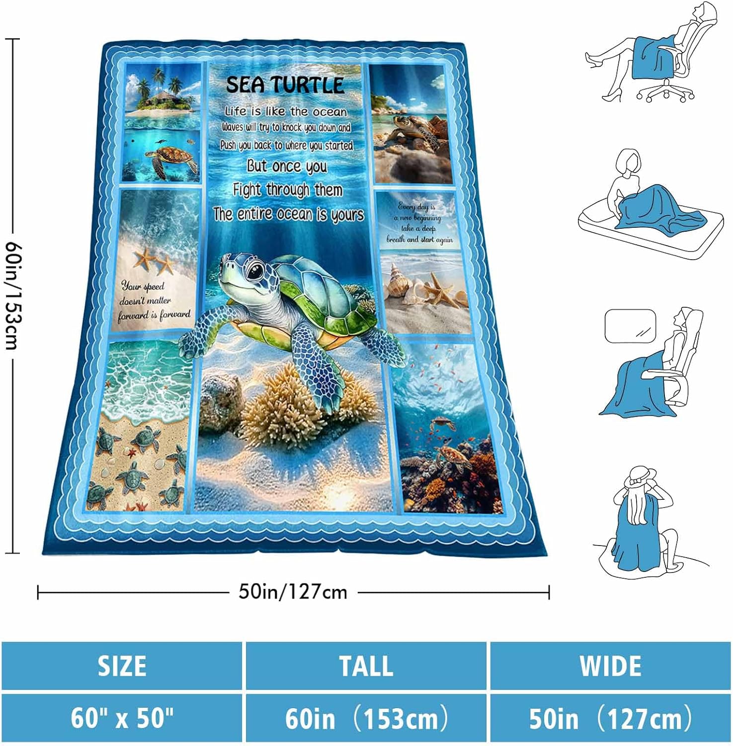 Sea Turtle Gifts for Women Girls, Sea Turtle Blanket 60" X 50" for Boys, Turtles Gifts for Turtle Lovers, Granddaughter Gift, Grandson Gift - Image 5