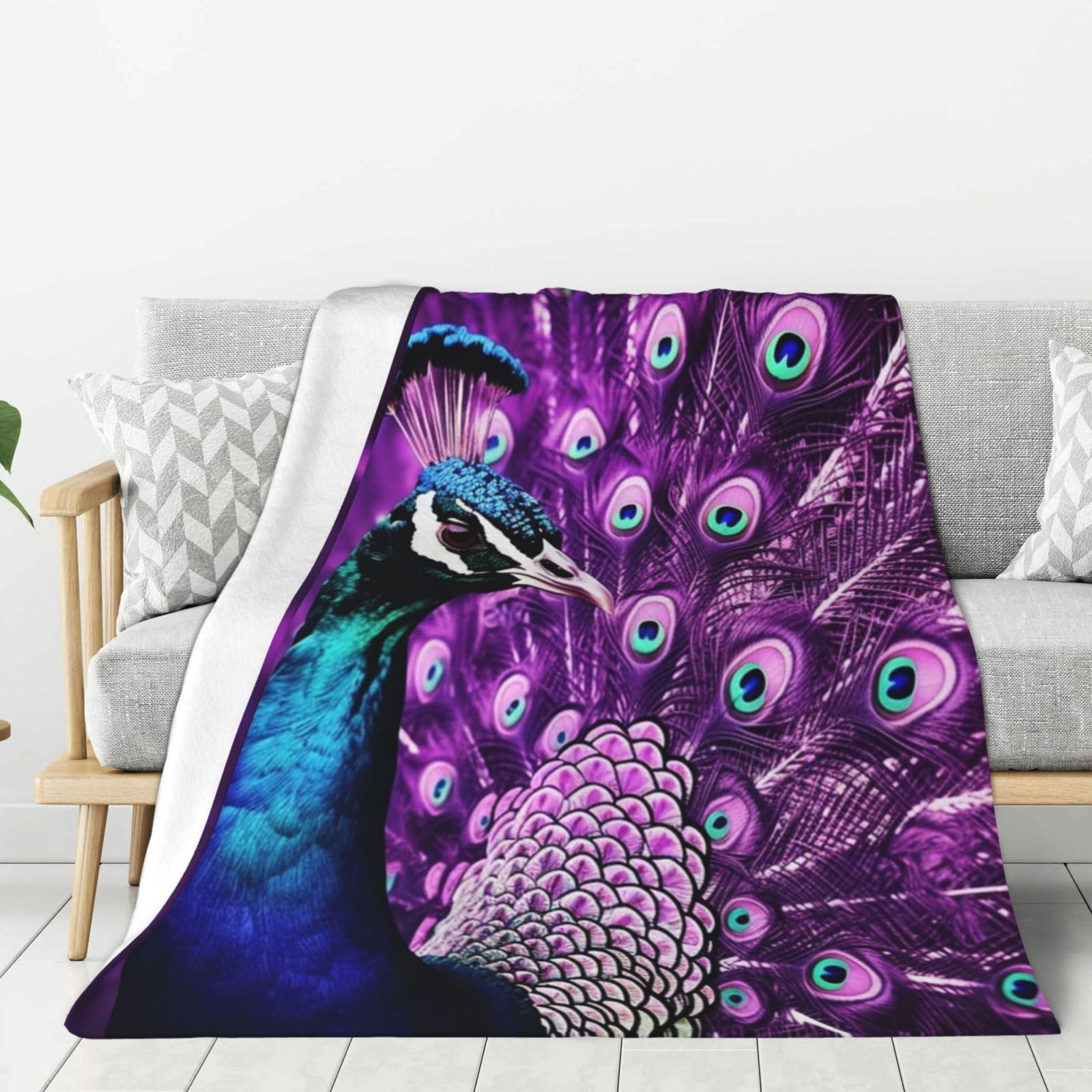 Couverture en peluche chaude contre le froid, motif paon violet plaid léger lavable canapé