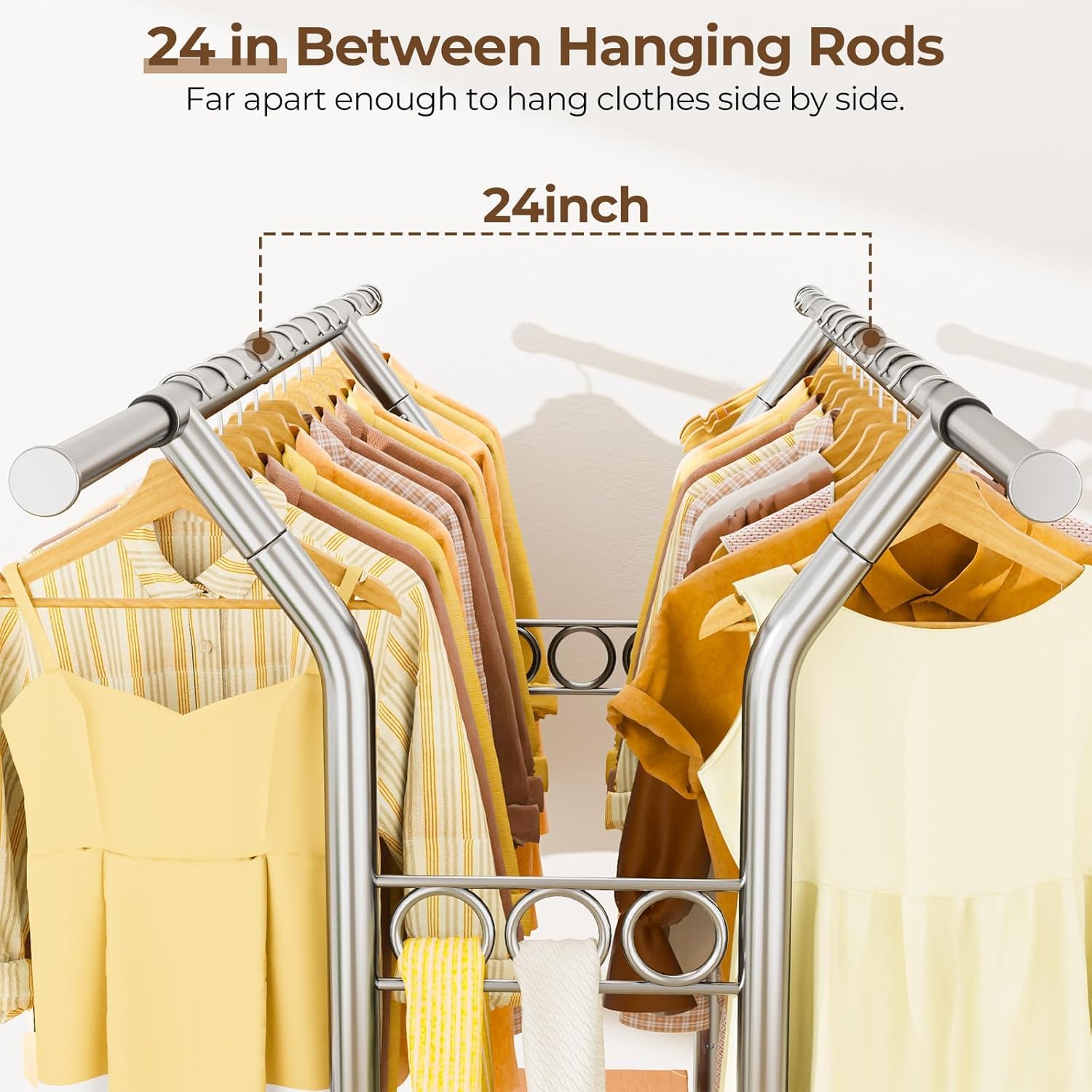 Close-up view of the clothes rack showing 24 inches between hanging rods, allowing ample space for clothes.