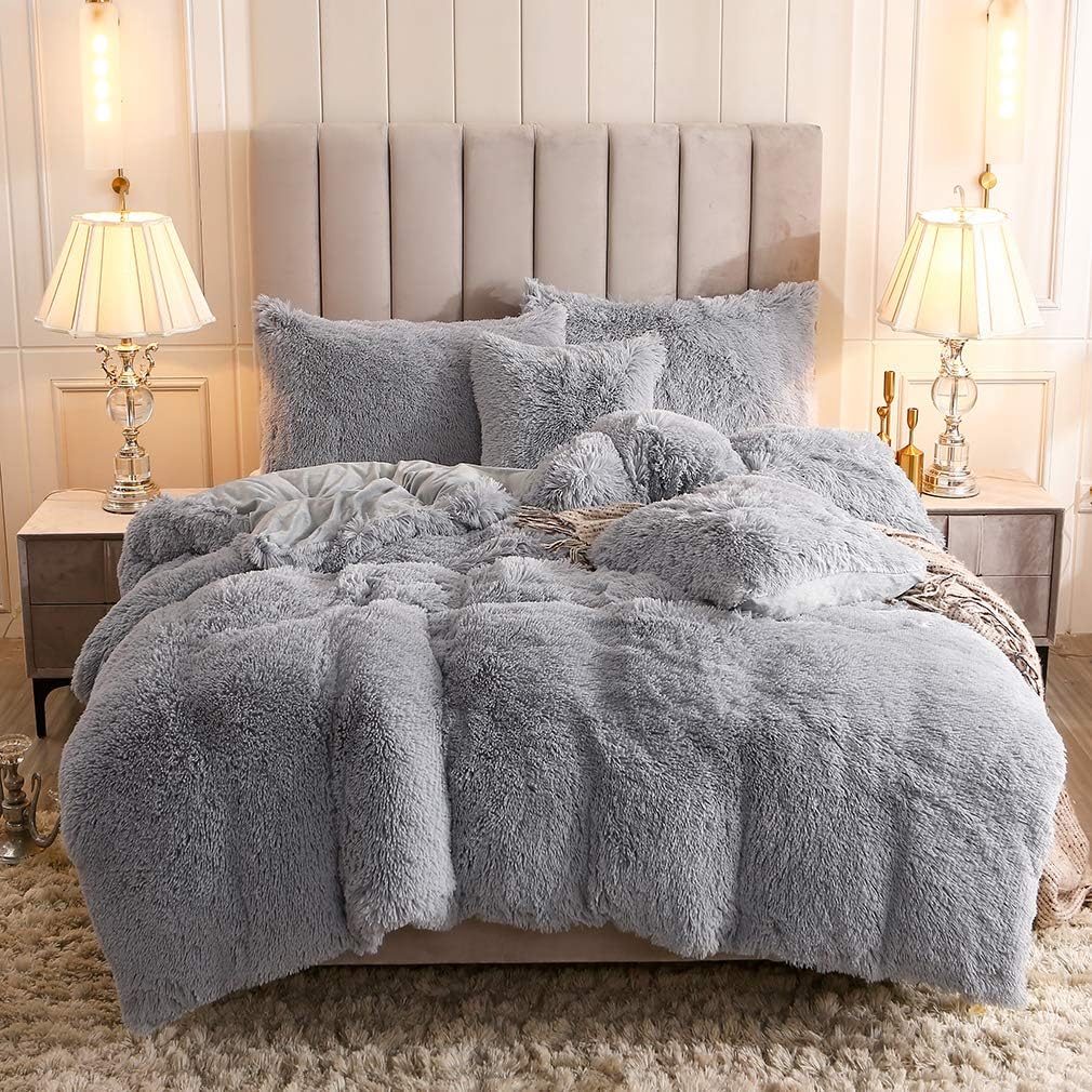 Faux Fur Velvet Fluffy Bedding Duvet Cover Set Down Comforter Quilt Cover with Pillow Shams, Ultra Soft Warm and Durable (Queen, Light Gray)