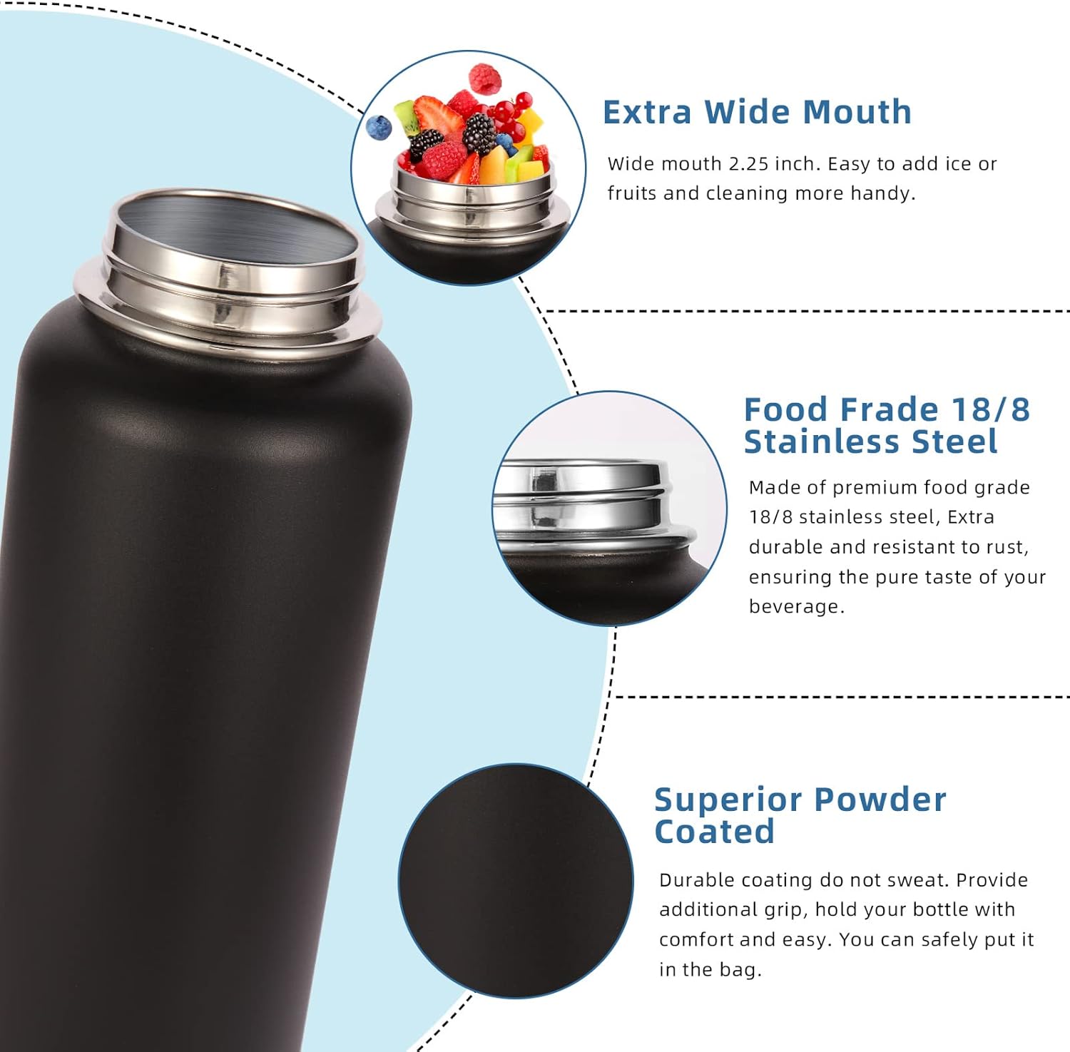 Volhoply 32oz Insulated Water Bottles Bulk 8 Pack with Straw Lid & Spout Lid,Stainless Steel Sports Water Bottle,Double Wall Vacuum Cups,Leakproof Wide Mouth Metal Flask for Hiking,Camping(Black,8) - Image 5