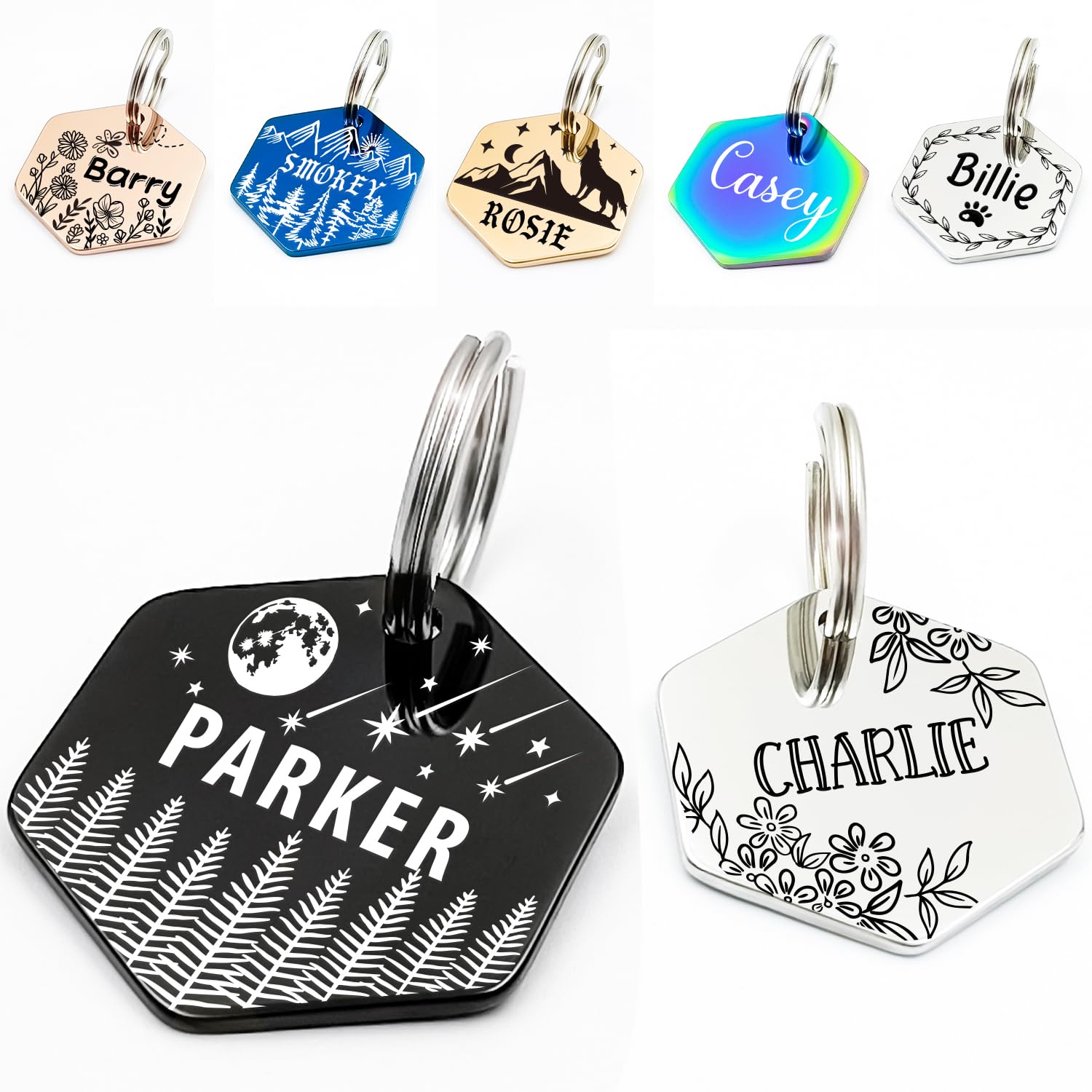Personalized Pet ID Tags, Customizable Hexagon, Bone and Round Shapes, Multiple Designs with Mountain, Floral, and Night Sky Patterns, Stainless Steel