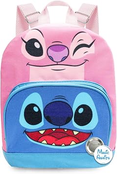 Stitch & Angel Mini Backpack - 10" Iconic Woven Small Backpack with Front Pocket & Button Bundle | Adjusts to Fit Kids, Toddlers, Teens, Women, Girls