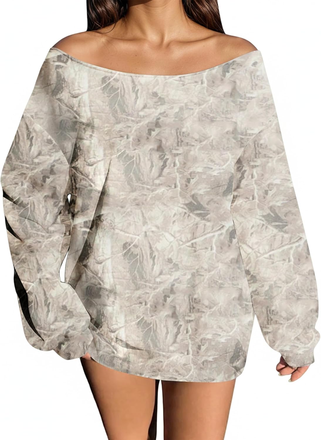 MISSACTIVER Camo Sweatshirt for Women Oversized Fleece Off Shoulder Long Sleeve Maple Leaf Print Pullover Sweater Tops