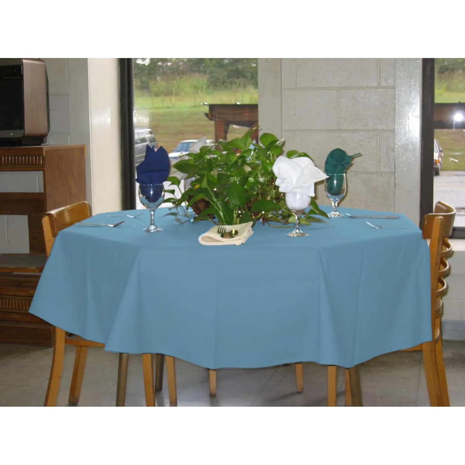 Intedge TCM83R Light Blue Tablecloth, 83" Diameter Round, Hemmed Edge Poly Cotton Blend, Fabric Cover, Made in USA Commercial Linen, 1 Each