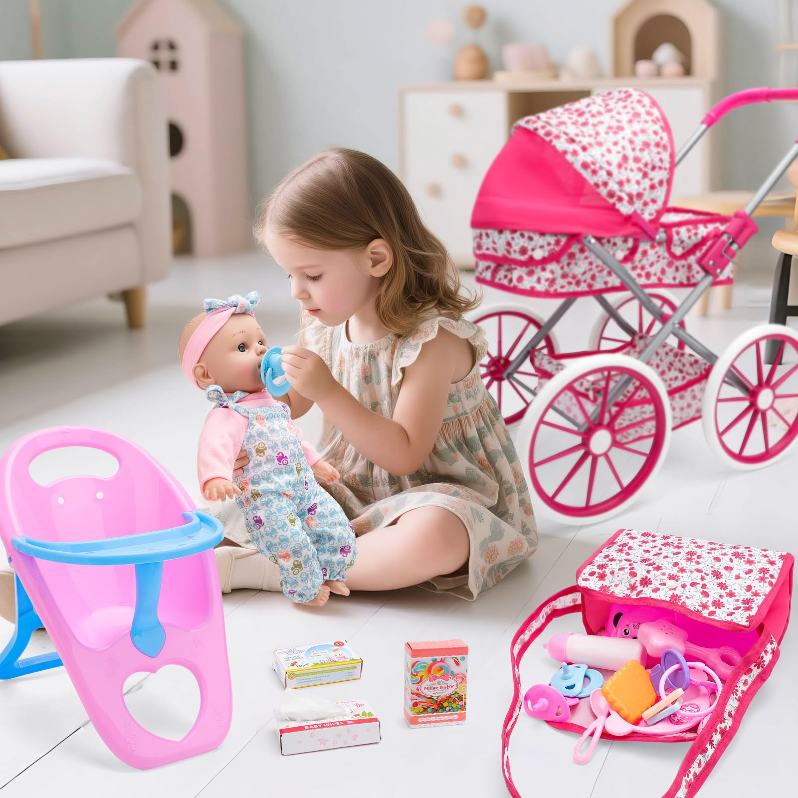 deAO Carrozzina Bambole con Bambola 30 cm, Seggiolone e Accessori Passeggino Giocattolo per Bambina dai 3 Anni, con Cestino Portaoggetti e Borsa Giocattolo Educativo per Bambina 3+ Anni