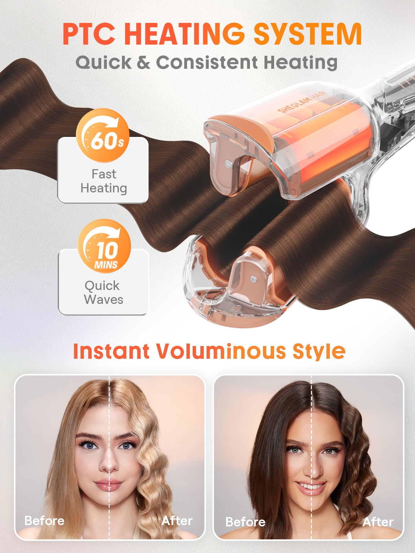 SHEGLAM Fer à Boucles Professionnel Double Barreau - Beach Waves, Minuterie, 6 Températures Réglables, Double Voltage (25mm)