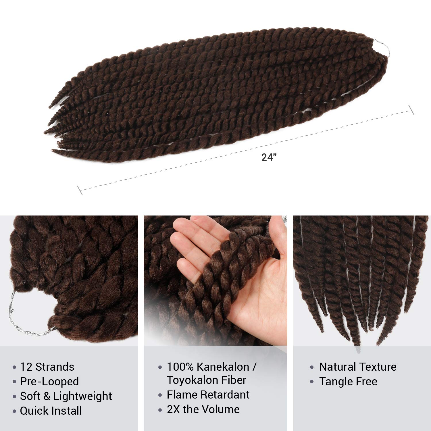 AU-THEN-TIC Jumbo Senegalese Twist Crochet Hair, 24 Inch, 6 Pack, Synthetic Extensions for Havana and Mambo Twist Styles, (33, Dark Auburn)