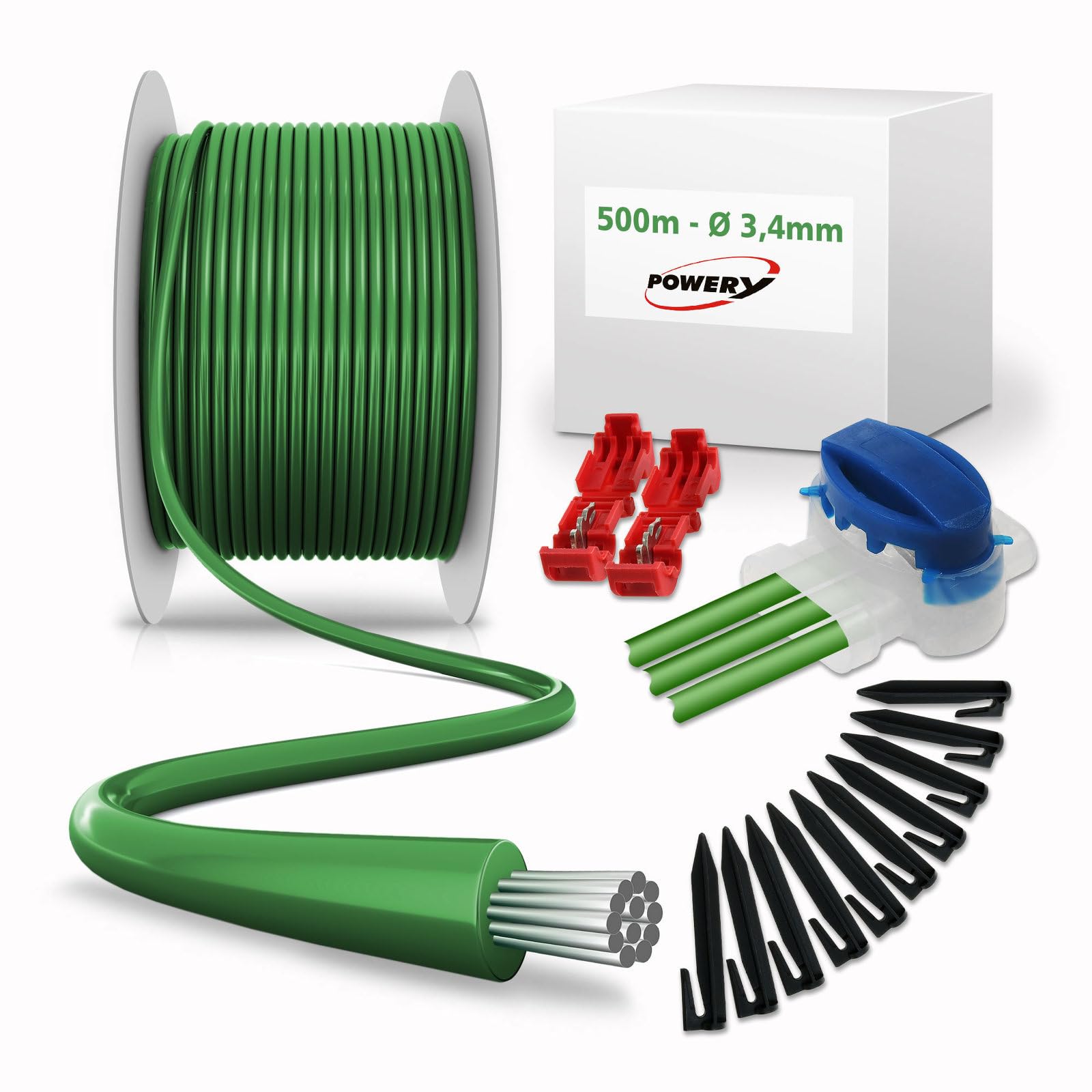 Kit de réparation avec câble de délimitation de 500 m 3,4 mm 600 crochets, 10 connecteurs, 4 bornes pour robot tondeuse