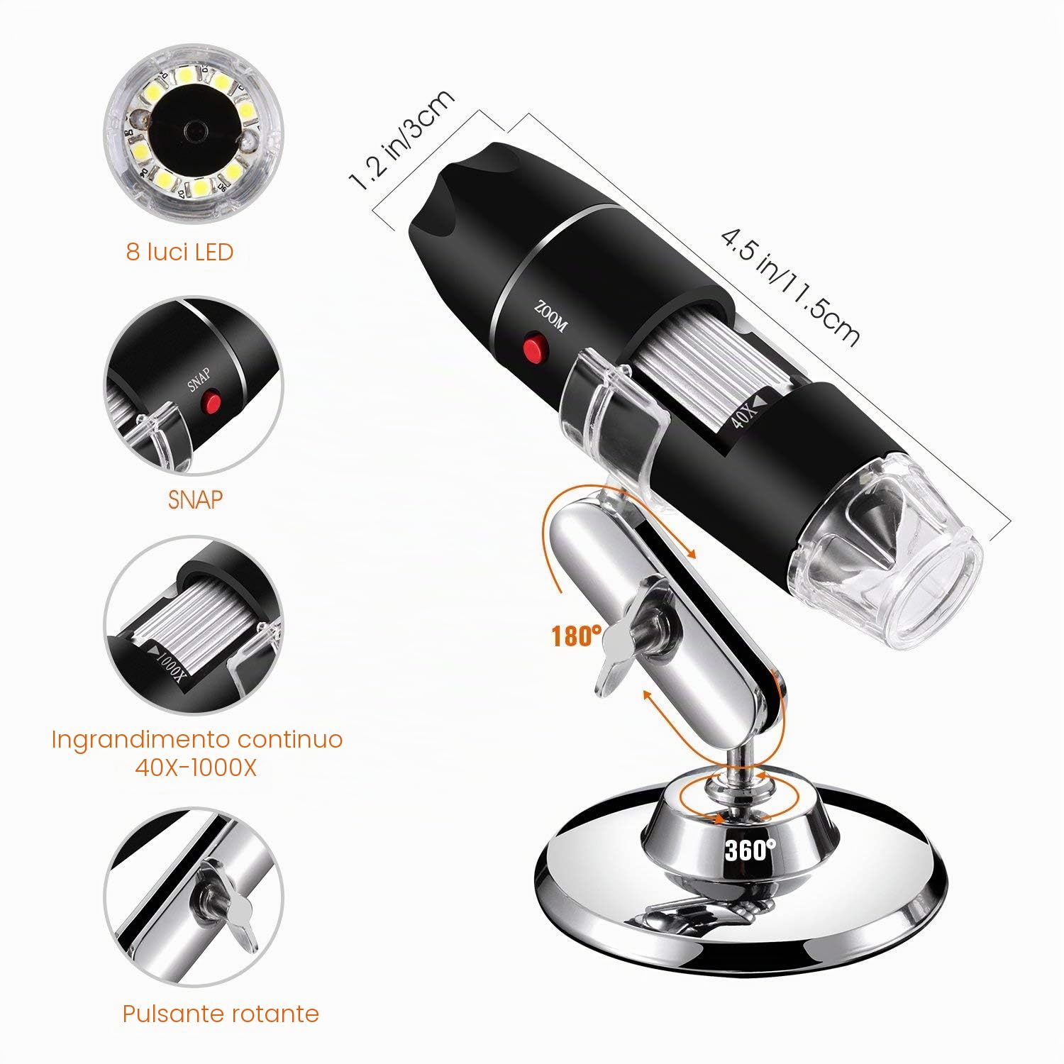 Jiusion 40 a 1000 x ingrandimento USB microscopio digitale endoscopio, 8 LED USB 2.0, mini videocamera con adattatore OTG e metallo supporto, compatibile con Mac e Windows 7 8 10 11 Android Linux