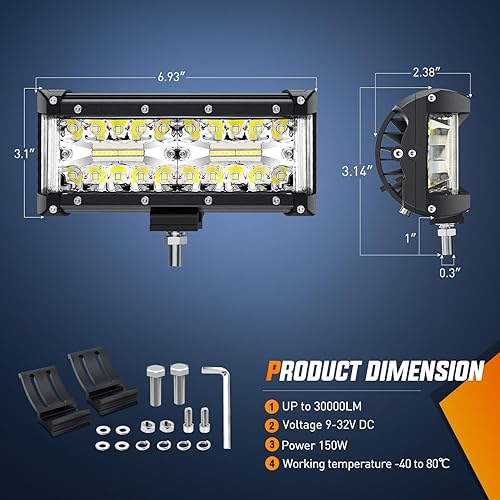 Miniatura 5 de Nilight Barra de luz LED de disparo lateral, 2 unidades de 7 pulgadas, luces combinadas de inundación de triple fila, luz de trabajo LED con kit de