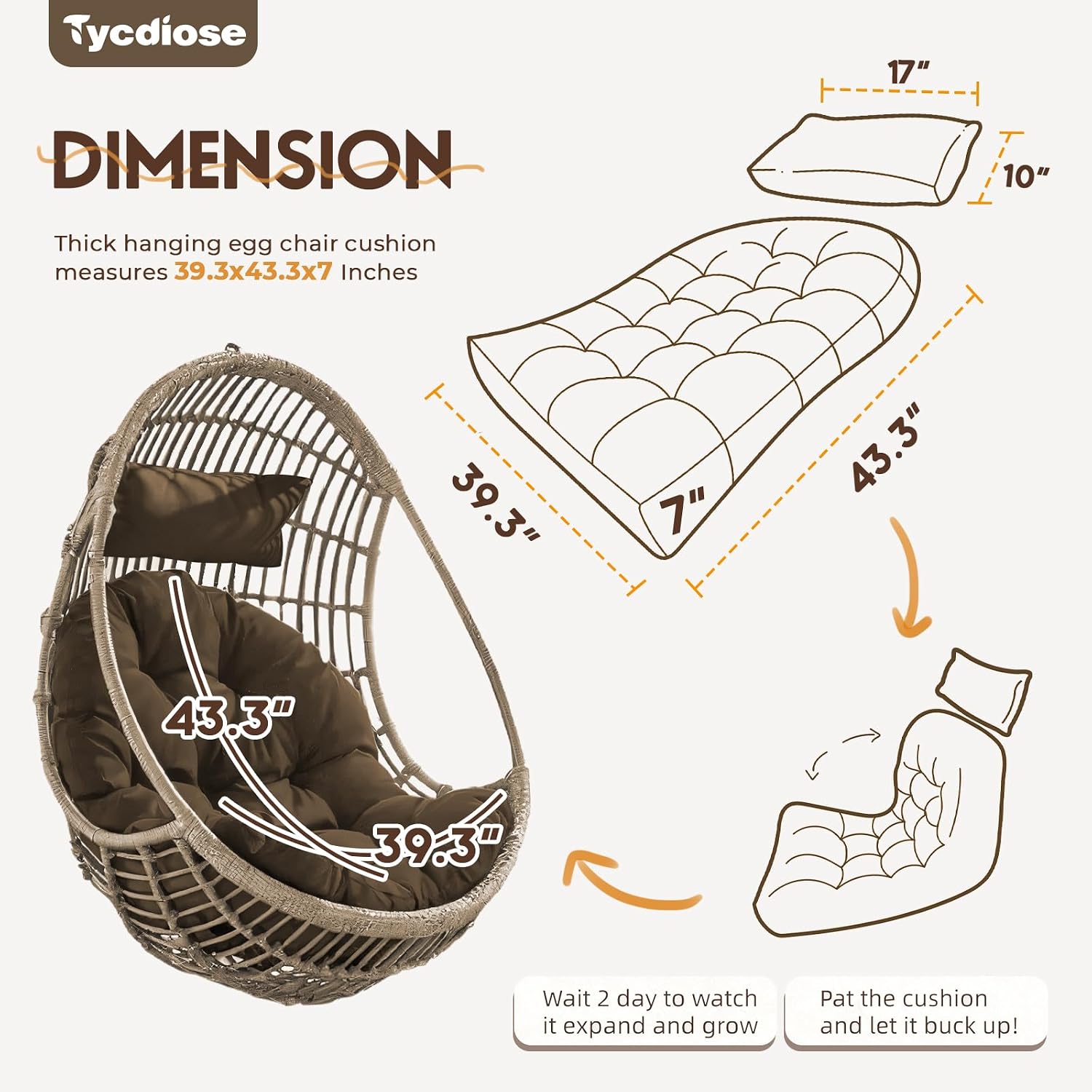 Outdoor Hanging Egg Chair Cushion Replacement, Thicken Egg Chair Cushion Waterproof Basket Eggs Chairs Cushion with Headrest Pillow, U-Shaped Cushions for Hanging Eggs Chairs Swing (Brown)