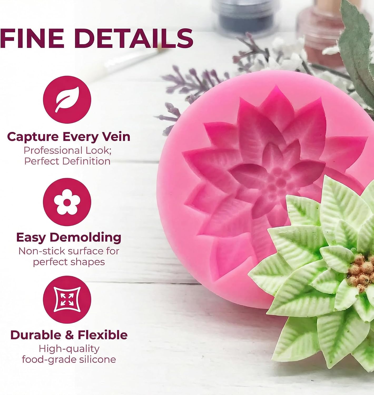 Christmas Holly Leaf Silicone Molds, 4Pcs Xmas Cake Decorating Molds for Holiday Baking, DIY Resin Candle Soap Fondant Chocolate Candy Craft Making