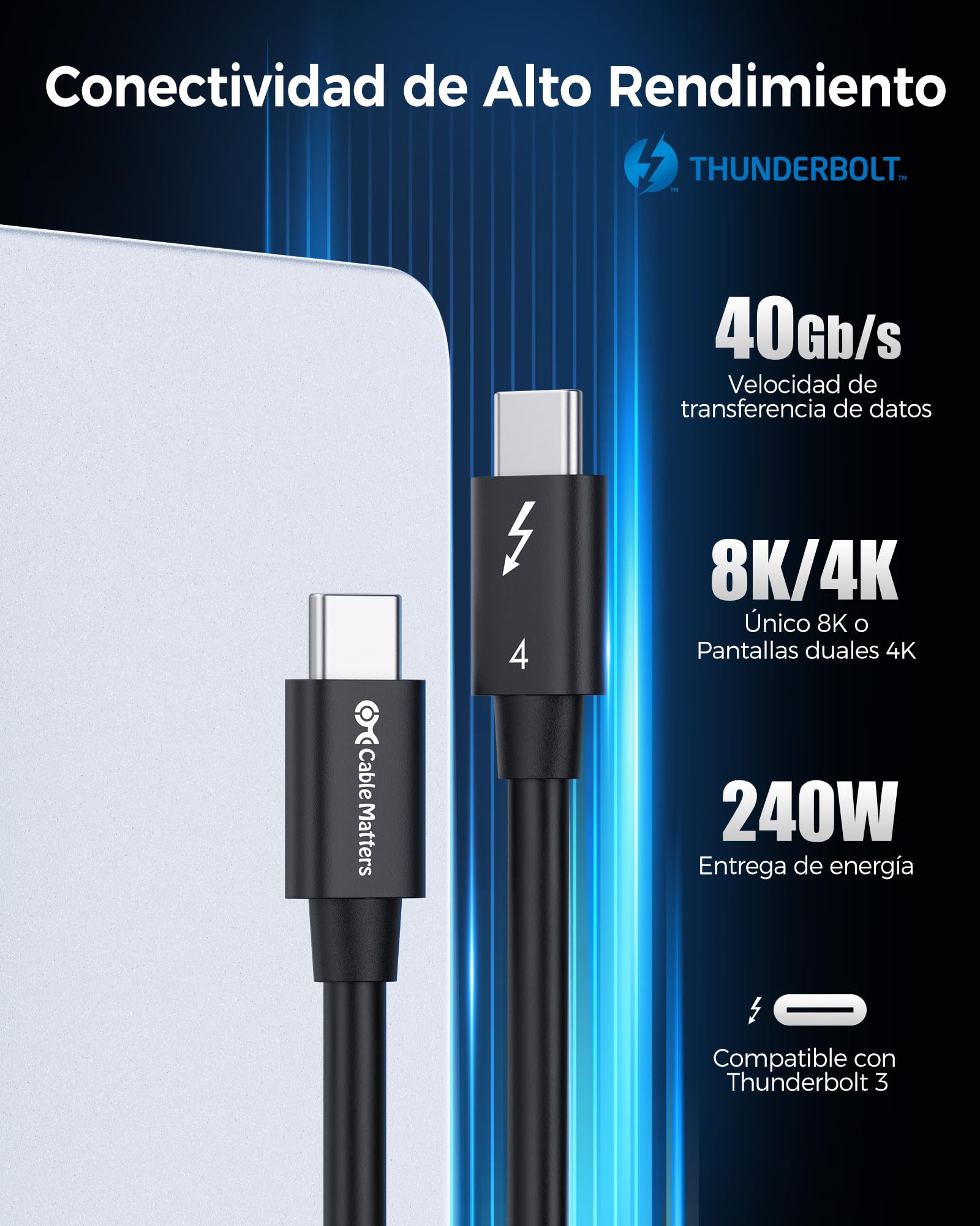 Cable Matters [Intel certificado 0,3 m Cable Thunderbolt 4 de 40 Gbps para vídeo 8K y Carga a 240W - retrocompatible con Thunderbolt 3, USB4, USB C