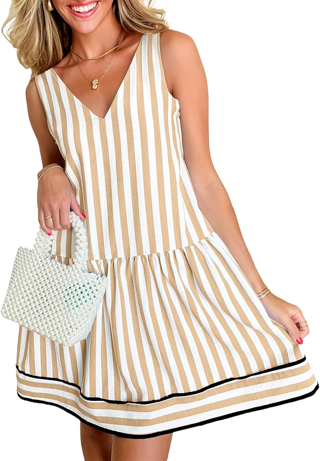 Casual summer sleeveless striped dress with flowy babydoll style