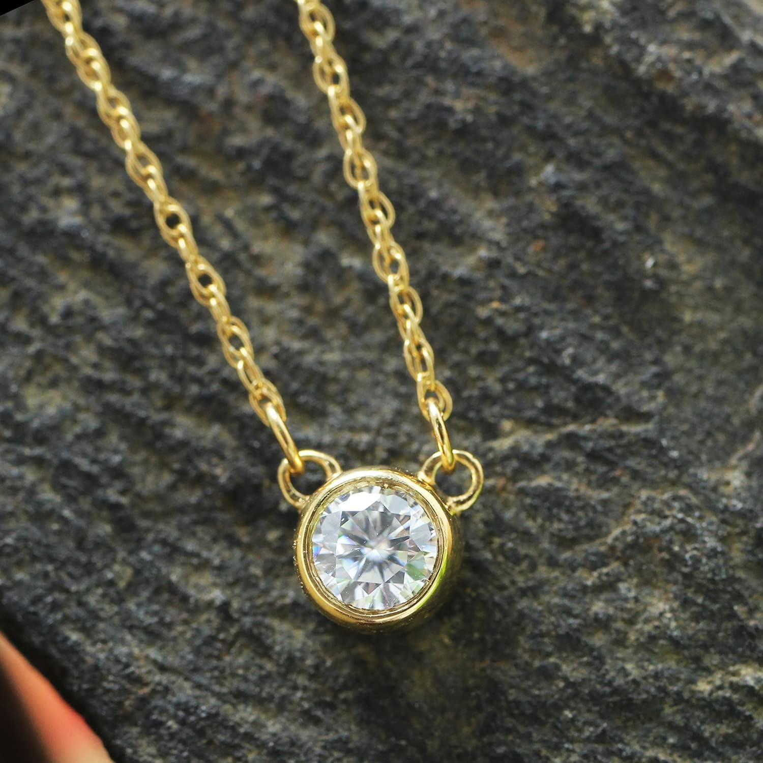 SAVEARTH DIAMONDS 1/5 Carat Round Cut Lab Created Moissanite Diamond Bezel Set Solitaire Pendant Necklace In 14k Gold Plated 925 Sterling Silver Jewelry With 18" Chain, 0.20 Cttw