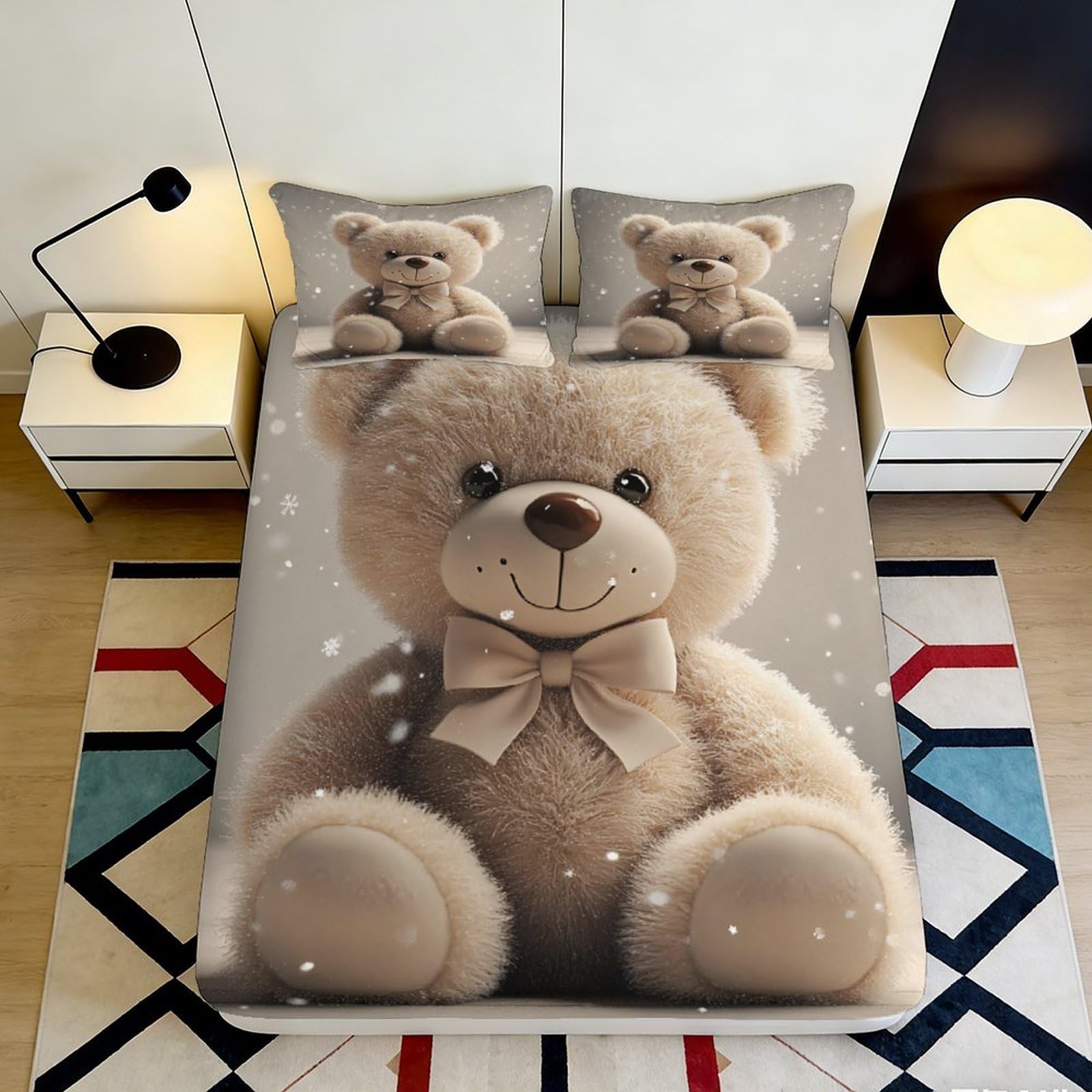3D Printed Teddy Bear Fitted Sheet Microfiber Soft Beige Plush Animal Bed Cover for Bedroom Guest Mattress Protection Decor 90x200x25cm
