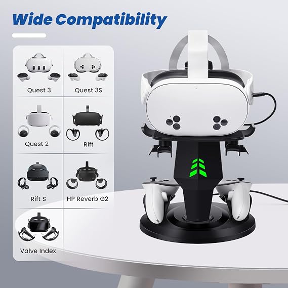 Lampelc Headset Charging Dock, VR Display Stand for Quest 3, Quest 3S, Quest 2, Rift, Rift S, Valve Index Headset, Controllers and VR Accessories, with LED Lights, Type C Charging Port
