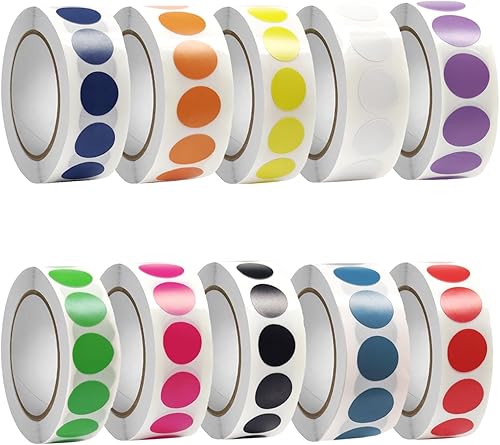 VANRA 1000 etiquetas redondas de codificación de colores, rollos de calcomanías extraíbles de 0.75 pulgadas, calcomanías circulares de colores, 10