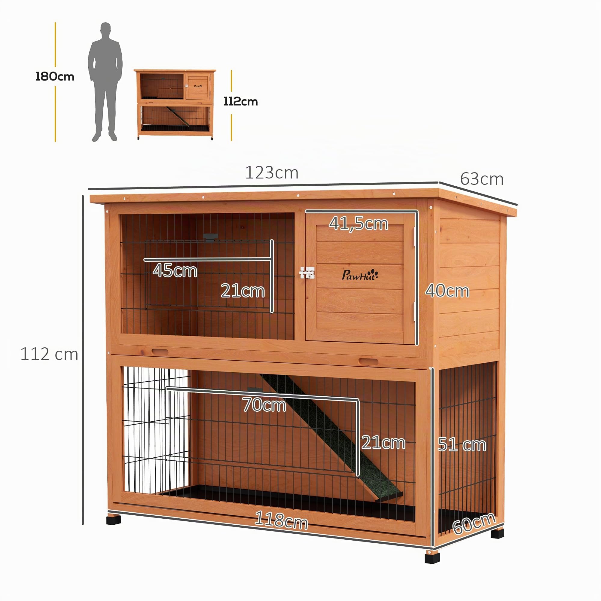 PawHut Hasenstall 2 Etagen aus Holz 123 x 63 x 112 cm Bitumendach Orange | Kaninchenstall, Rampe, Türen, Freilaufgehege, Stahlgitter Kleintierkäfig, für 2 Kaninchen, Outdoor