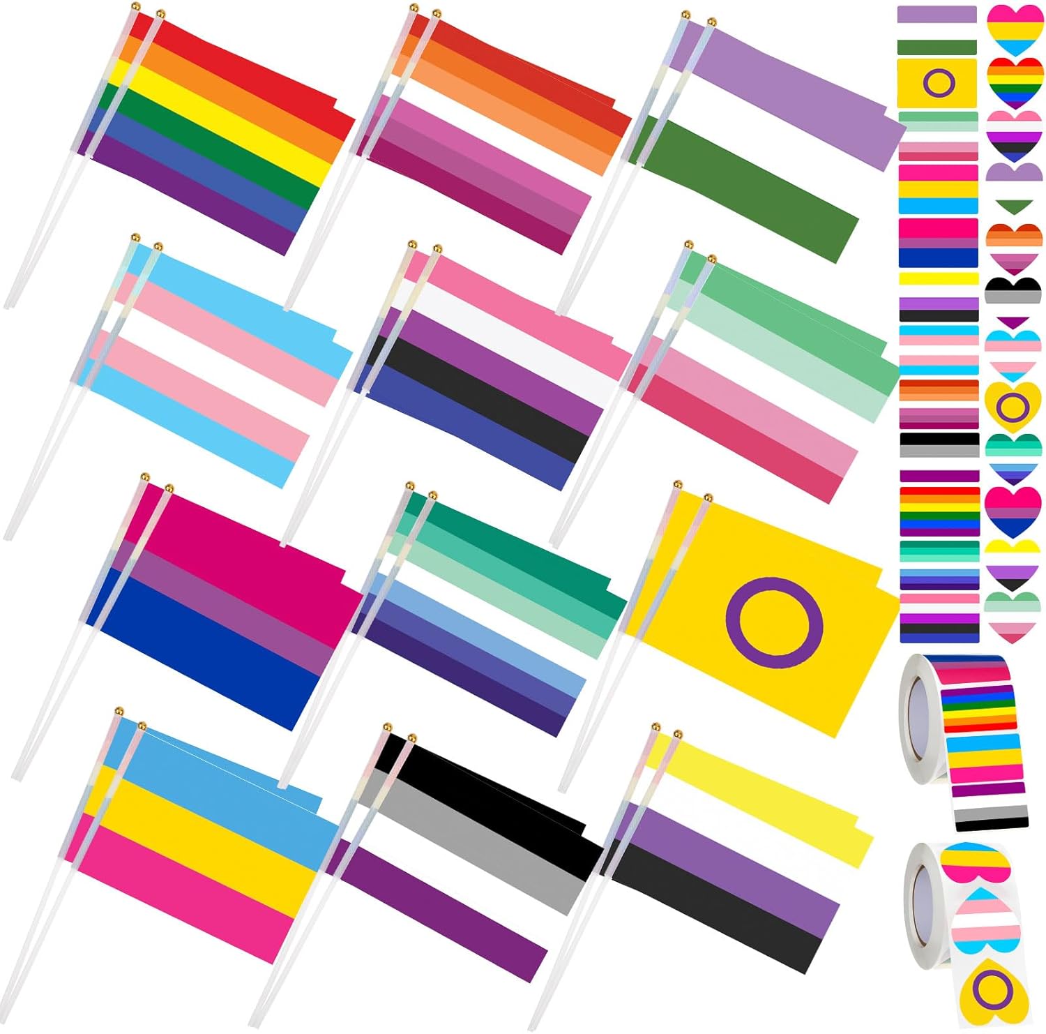 108 Pcs Progress Pride Flags Mini Gay Stick Flags and 90 Pcs Rainbow Temporary Tattoos LGBT Accessories Gay Pride Tattoos Body Stickers for Asexual Bisexual Pansexual Decoration Festivals