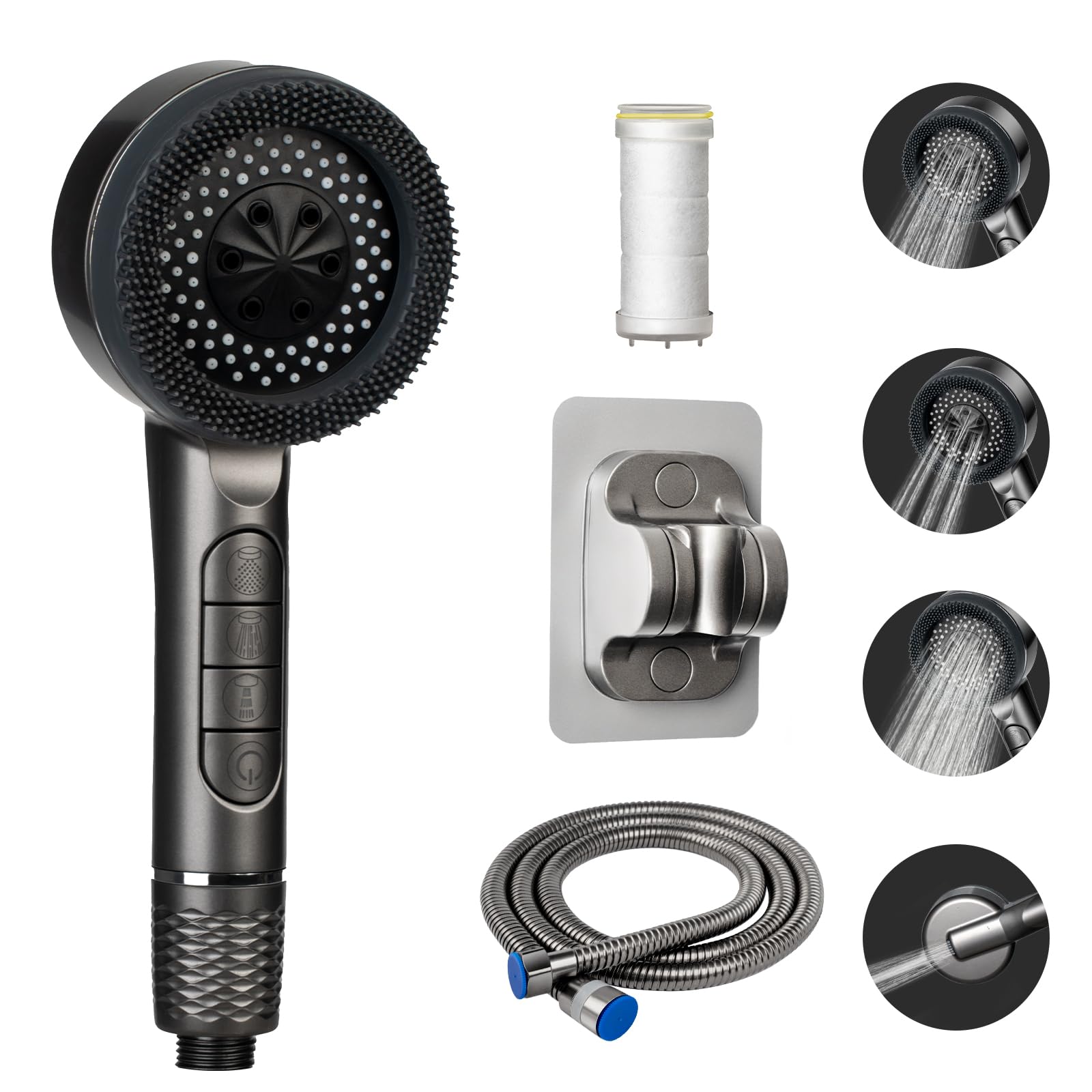 AIXMEET 4 Spray Mode Handheld Shower Head with Filter, High Pressure Showerhead with 59" Hose,Showerhead with ON/Off Switch for Clean Tub, Tile & Pets (Grey)