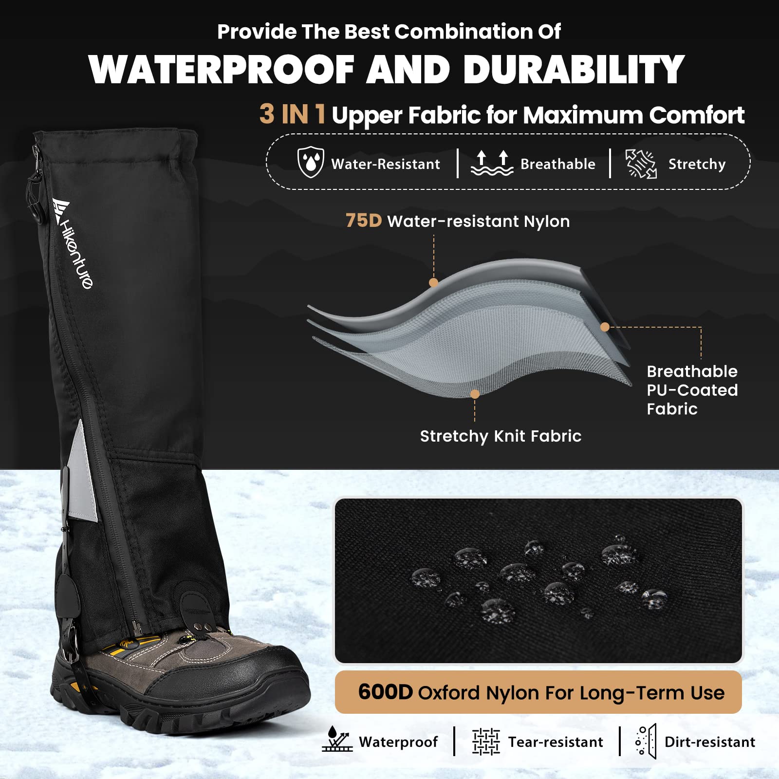 HIKENTURE Gamaschen Wandern Jagd Fahrrad, Gamaschen Herren Damen Wasserdicht, Regengamaschen, Gamaschen Outdoor zum Schutz von Hose&Schuhe vor Schnee/Regen/Insekten, Gaiters Schneewandern, Klettern
