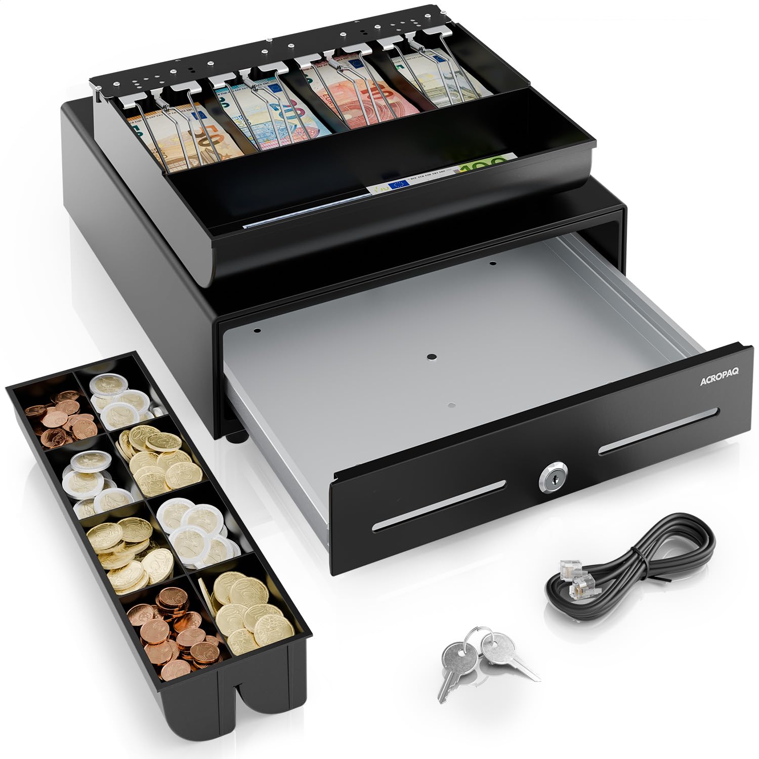 ACROPAQ Cajón portamonedas - Compatible con caja registradora RJ11, 4 compartimentos monedas y 8 billetes, (34 x 33 x 10 cm) Carcasa de metal resistente, Cajón metálico con inserto extraíble