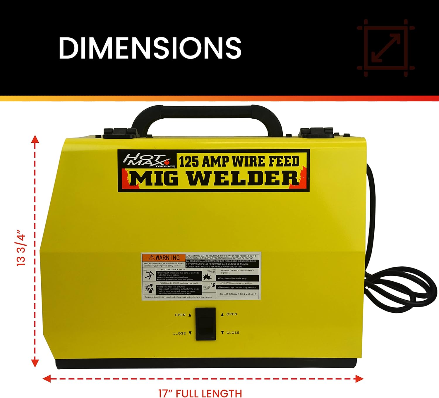 Diagram showing the dimensions of the Hot Max 125WFG MIG Welder, indicating a full length of 17 inches and a height of 13 3/4 inches.