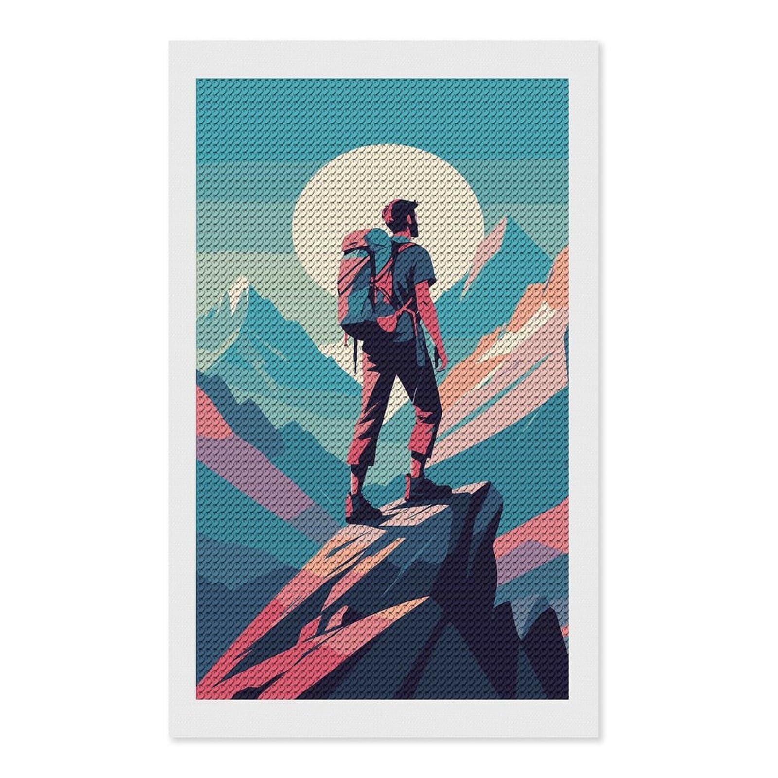 Junmoney Hiker on Mountain Peak Illustration Diamond Art Canvas 12"x20", for Adults, Pleasing Wall Art Project, Modern Decor, Gift Idea, Nice Detail and Sparkle