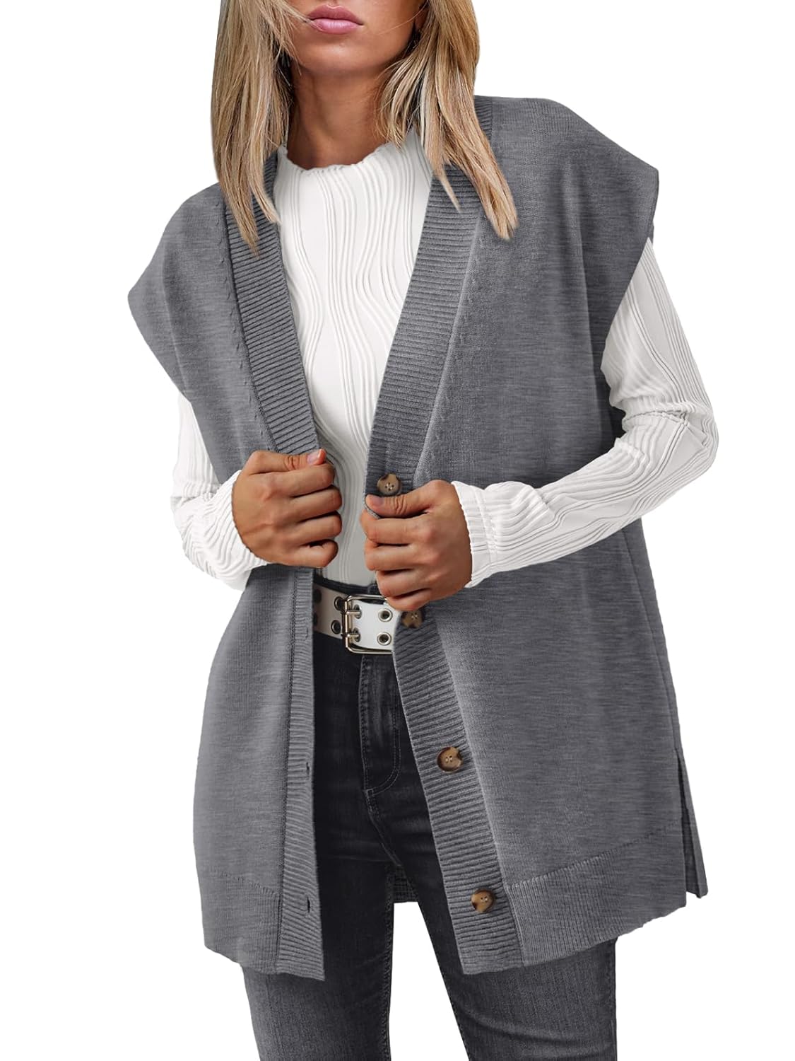 LILLUSORY Women V Neck Sweater Vest Oversized Long Cardigan Casual Vest Tops 2025 Trendy