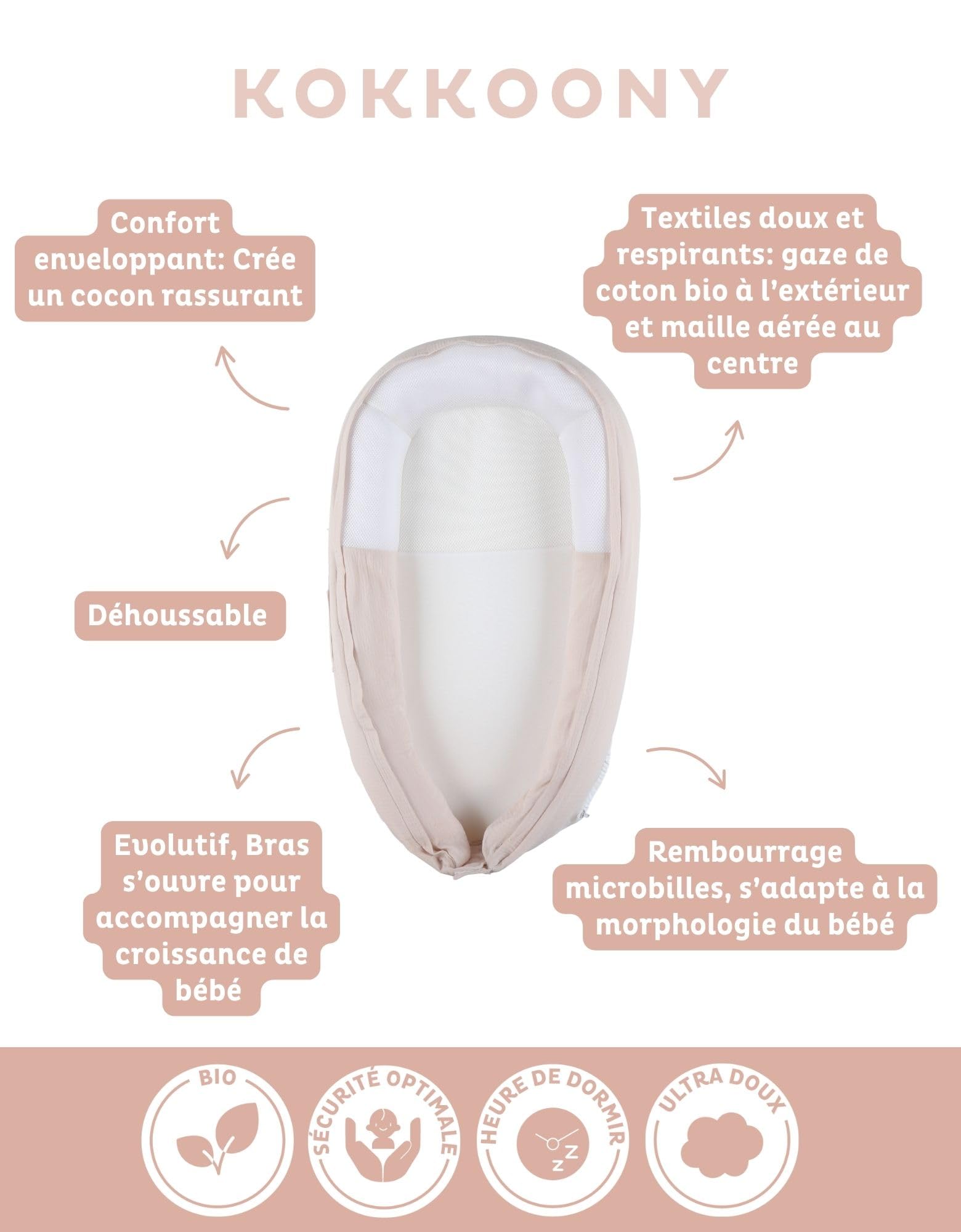 Noukie's Réducteur de lit Kokkoony Nid bébé Beige Polyester - Coussin ergonomique bébé - Repos bébé – Tissu Brodé –Cocon bébé - Nid bébé - Cadeau Naissance - évolutif - déhoussable
