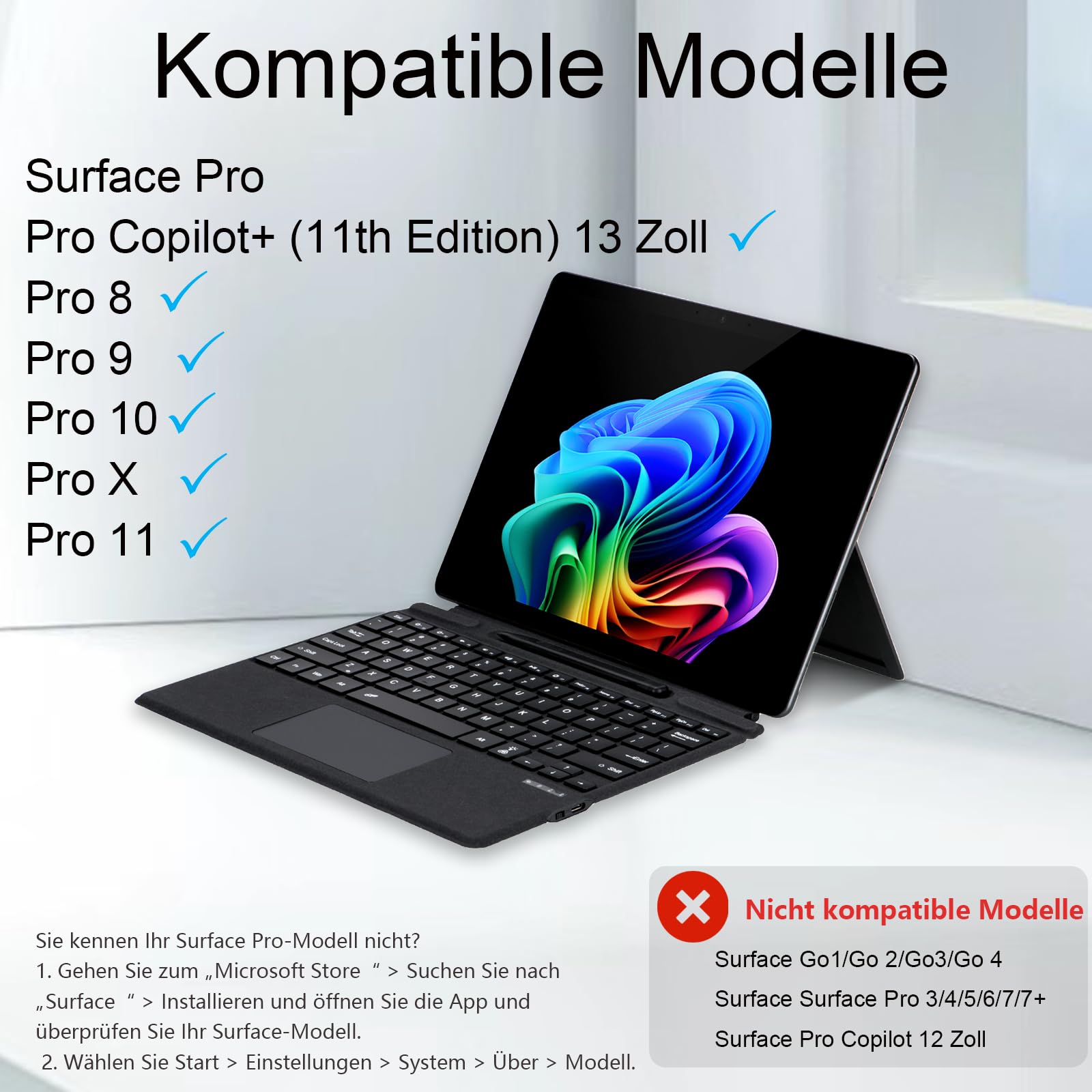 Clavier Bluetooth pour Microsoft Surface Pro Copilot+ PC (11e édition), compatible avec Pro 8 Pro 9 Pro 10/ Pro X Pro 11 génération, QWERTZ, trackpad, chargement USB, allemand, noir