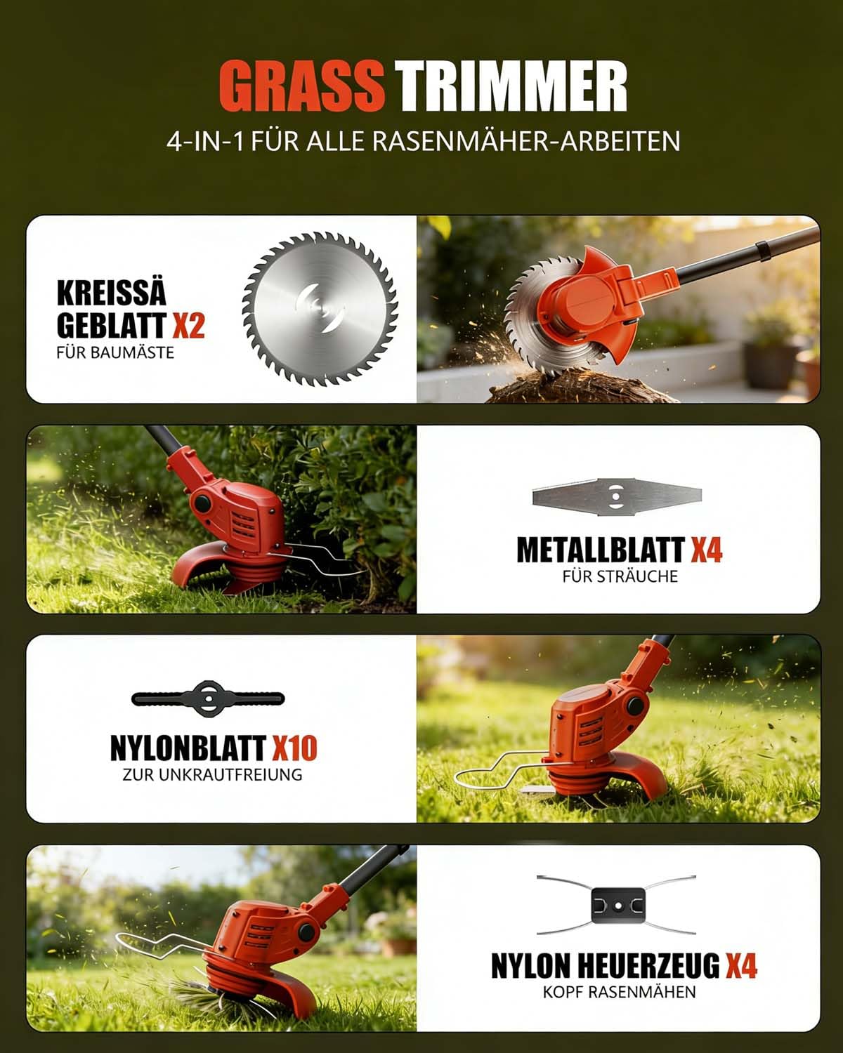 Rasentrimmer mit Akku, 850W Klappbarer Akku Freischneider mit 2X4.0AH Batterien, Akku Rasentrimmer & Rasenkantenschneider mit 4 Messertypen, Elektrischer Motorsense für Garden und Rasen