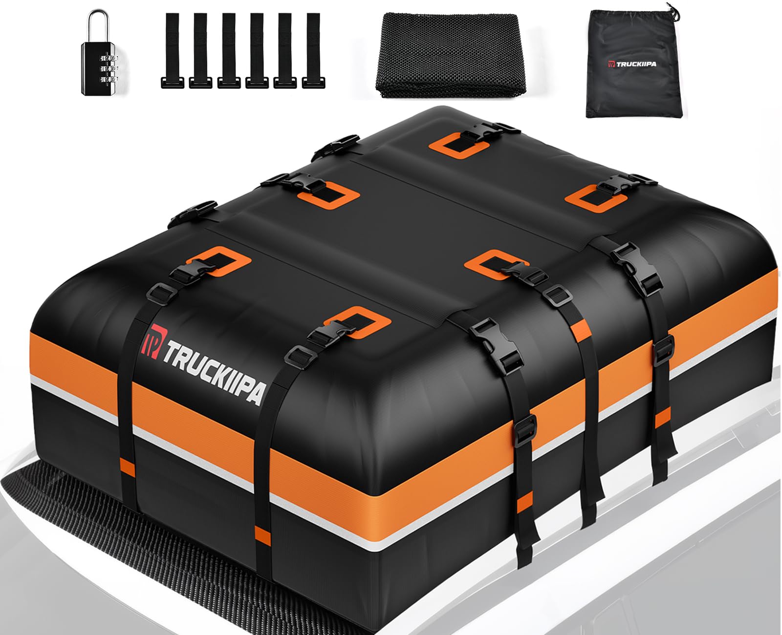 Truckiipa Car Rooftop Cargo Carrier Bag, 20 Cubic Feet Waterproof Roof Cargo Carrier Bag, Soft Shell Car Top Cargo Box for All Vehicles with/Without Racks, Anti-Slip Mat, Door Hooks, Luggage Lock