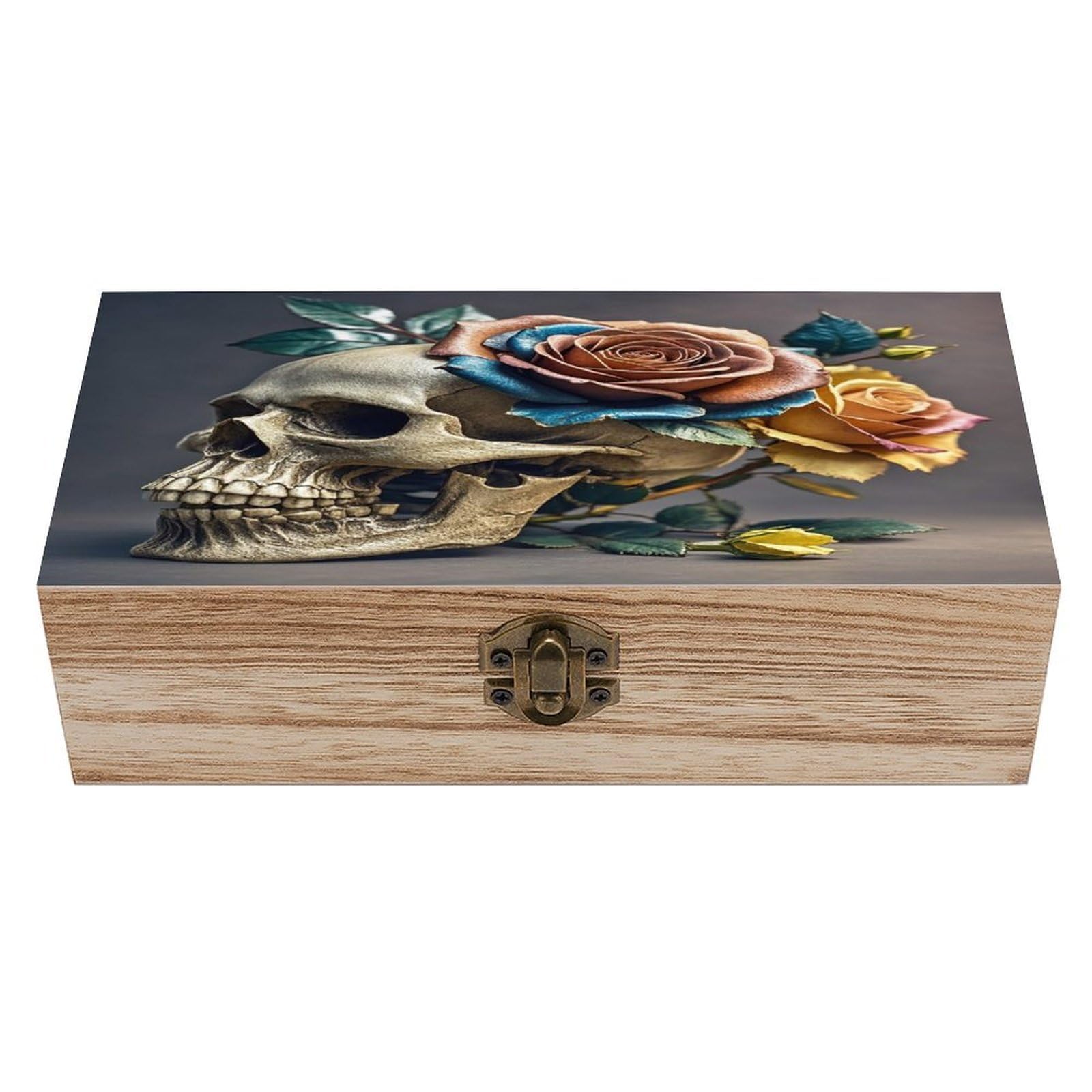 FekiLoot Leather Rose Skull Wooden Storage Box Exquisite Wood Keepsake Box Vintage Wooden Gift Jewelry Case for Crafts And Photo Storage Boxes
