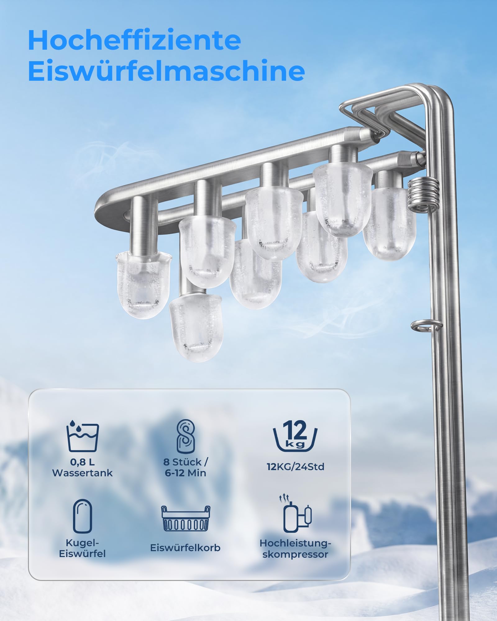 WELLENT Eiswürfelmaschine Klein – Ice Maker mit Selbstreinigung & 2 Größen, 8 Würfel in 6 Min (12kg/24h) – Tragbarer Tisch-Ice Maker für Küche, Büro, RV, Bar, Camping & Fußballabend