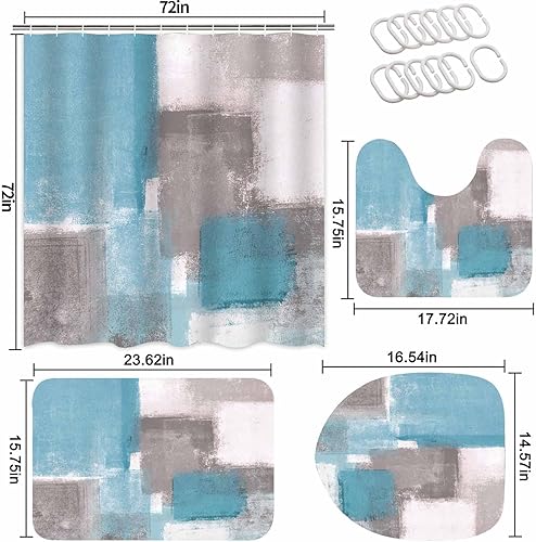 Miniatura 2 de Lnond Juego de 4 cortinas de ducha de baño con alfombras, azul cielo y blanco gris y gris con pintura abstracta para baño, con cortina de ducha y