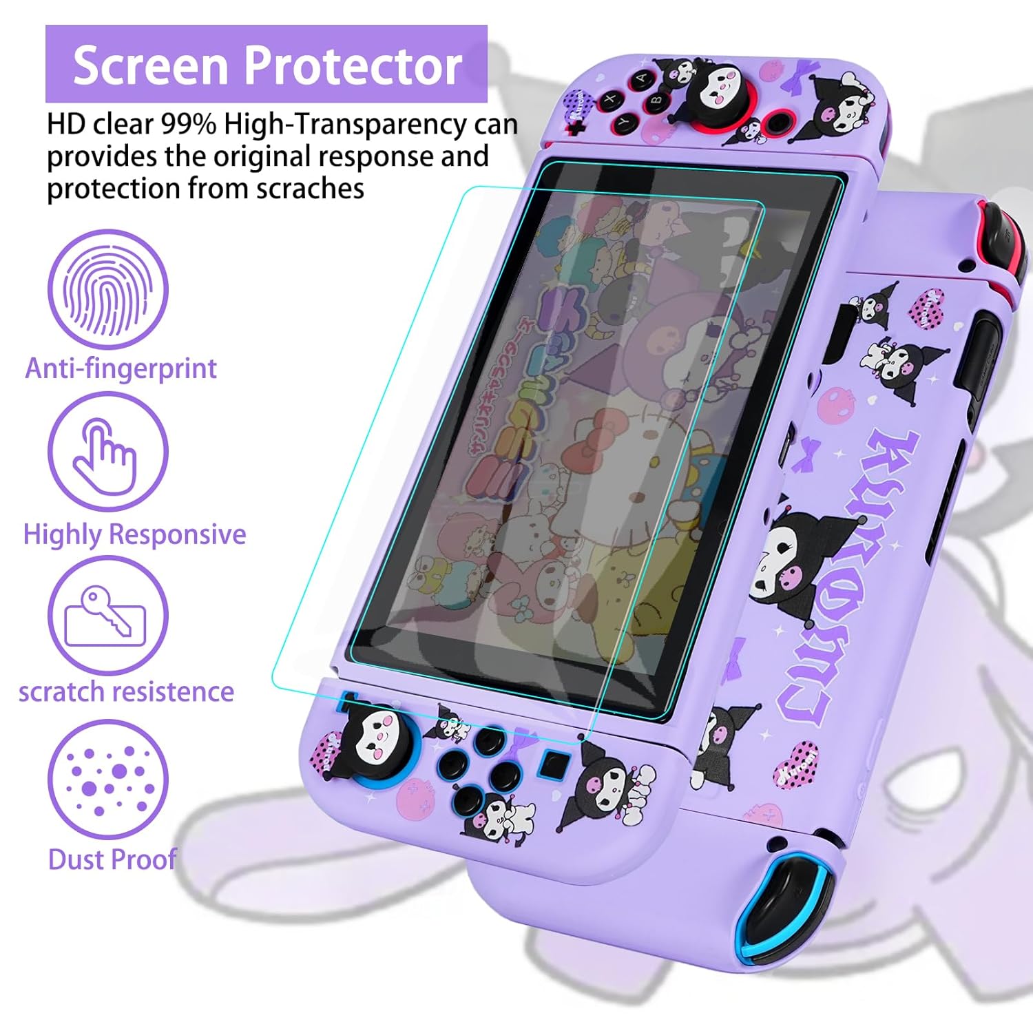 TIKOdirect Carrying Case for Switch, Cute Portable Bag Accessories with Soft Protective Case, Screen Protectors and Thumb Grip caps, Game Card Case 7in1, Purple K