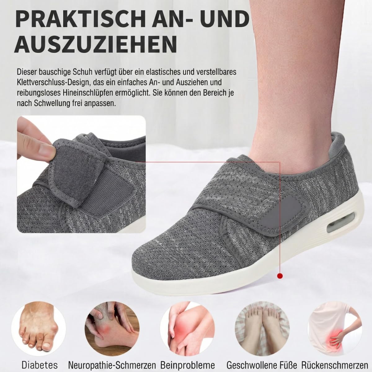 VibeCraft Diabetiker Schuhe Herren Damen Extra Weit mit Klettverschluss Orthopädische Komfortschuhe für Geschwollene Füße Leichte & rutschfeste Sohle