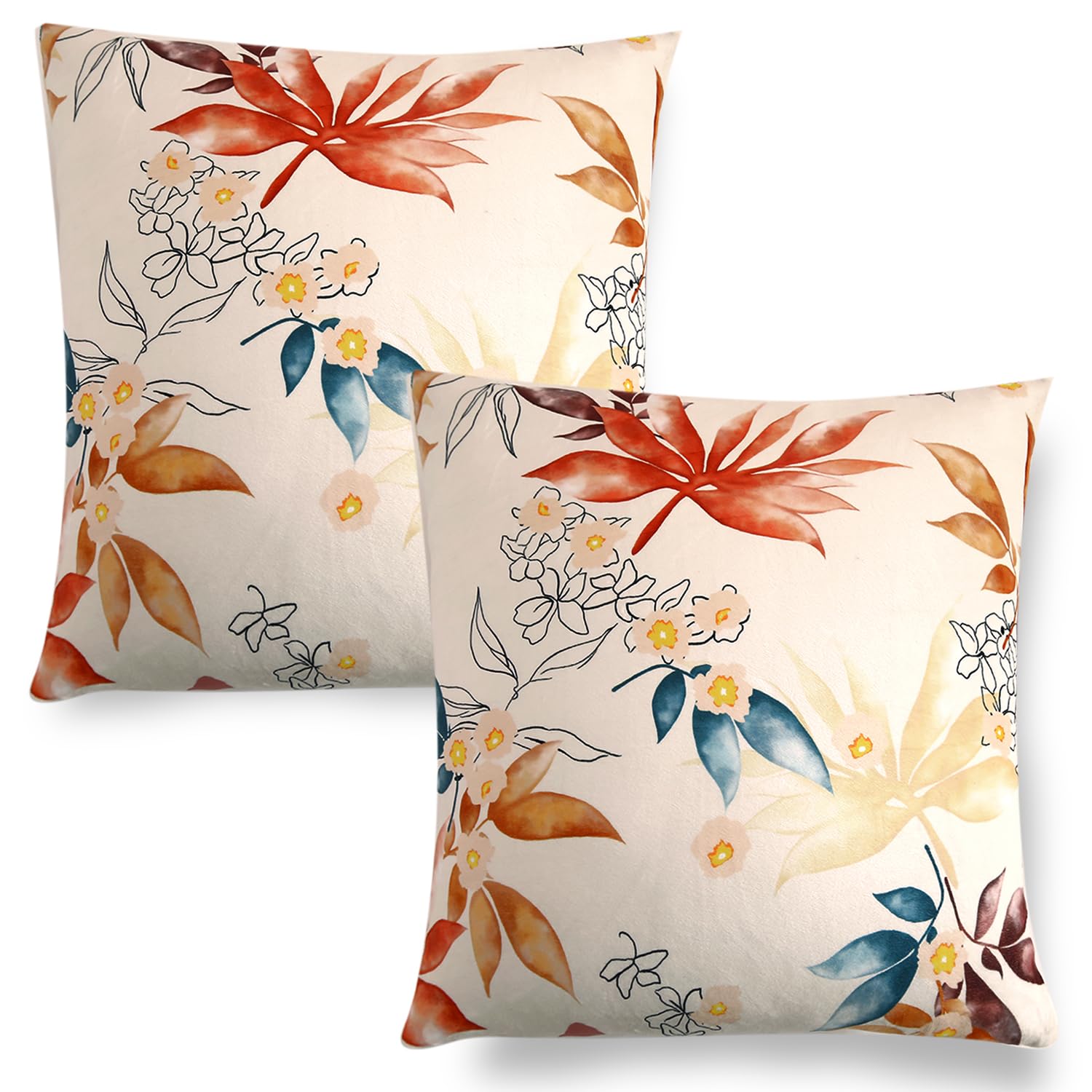 HOKIPO Premium Printed Velvet Cushion Cover for Sofa, 22x22 inch (55x55 cm) Set of 2, Amber Serene Flora (AR-6040-D3*2)-image-8