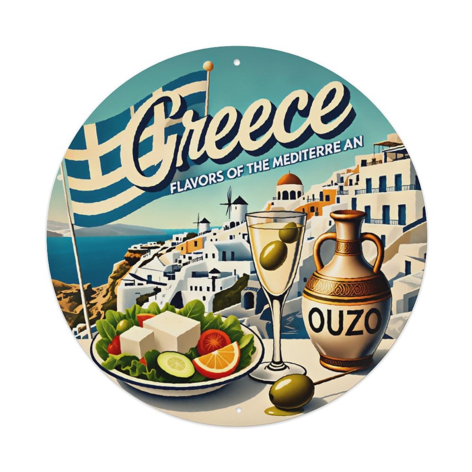 Ldfuieksufg Style Round Greece Santorini Mediterranean Food Ouzo Landscape Metal Wall Sign Vintage Aluminium Metal Sign, Retro Wall Decor For Home, Bar, Garage & Farmhouse 20X20cm