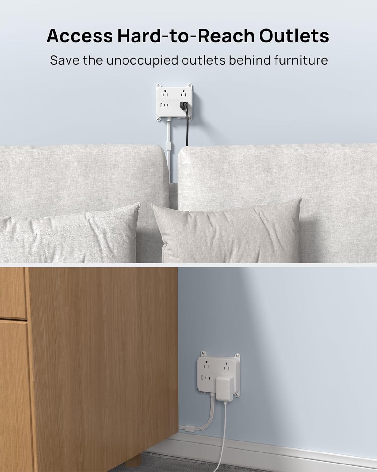 TROND 360° Rotating Plug Outlet Extender, 1.5FT Short Extension Cord, 3 AC Electrical Extendable Outlet with 2 USB C, Wall Plug Adapter Use Behind TV, Couches, Nightstands, Cabinet