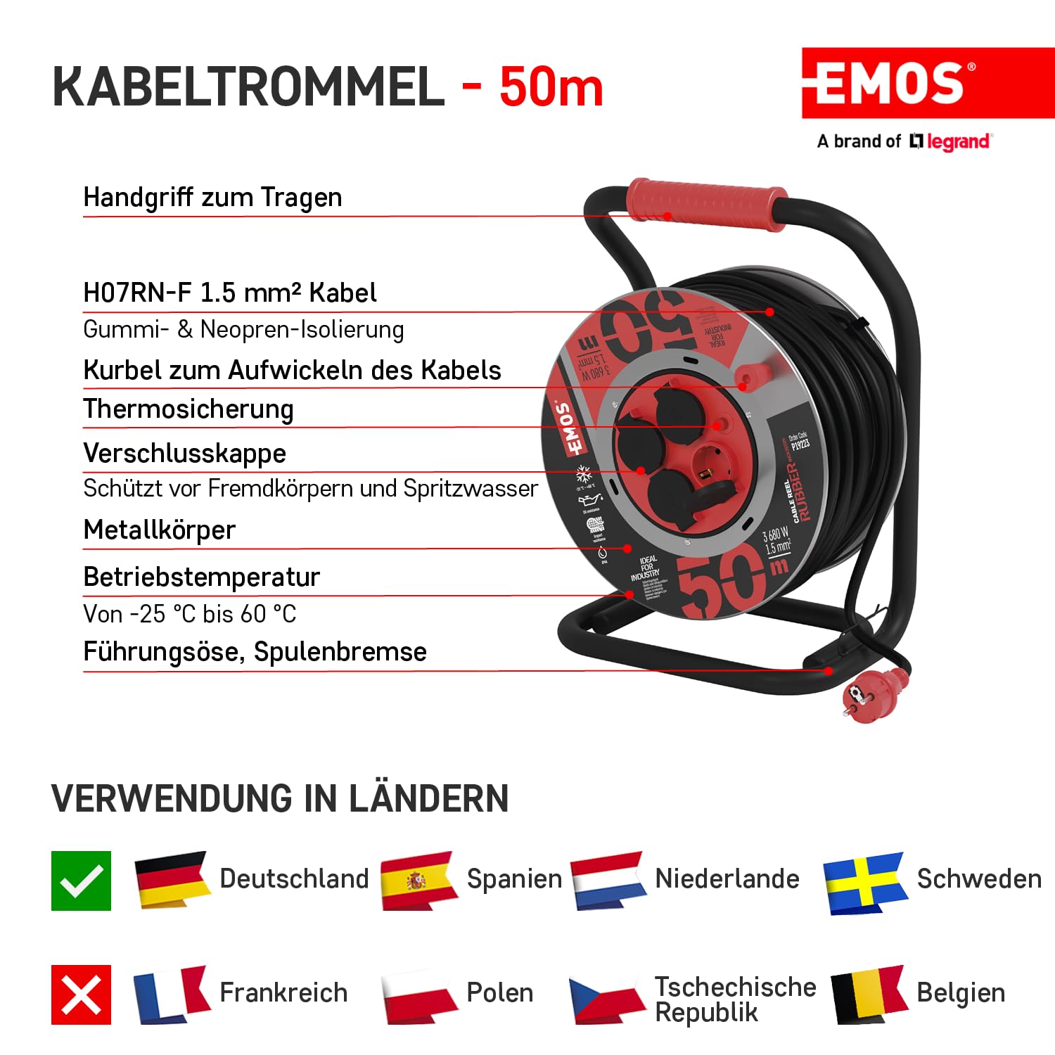 EMOS - Bęben kablowy 50 m z blachy stalowej – 4 gniazda Schuko – wodoszczelny, odporny na uderzenia, olej i warunki atmosferyczne – 230 V, 16 A, 3680 W – izolacja gumowa – H07RN-F 1,5 mm² – IP44 do