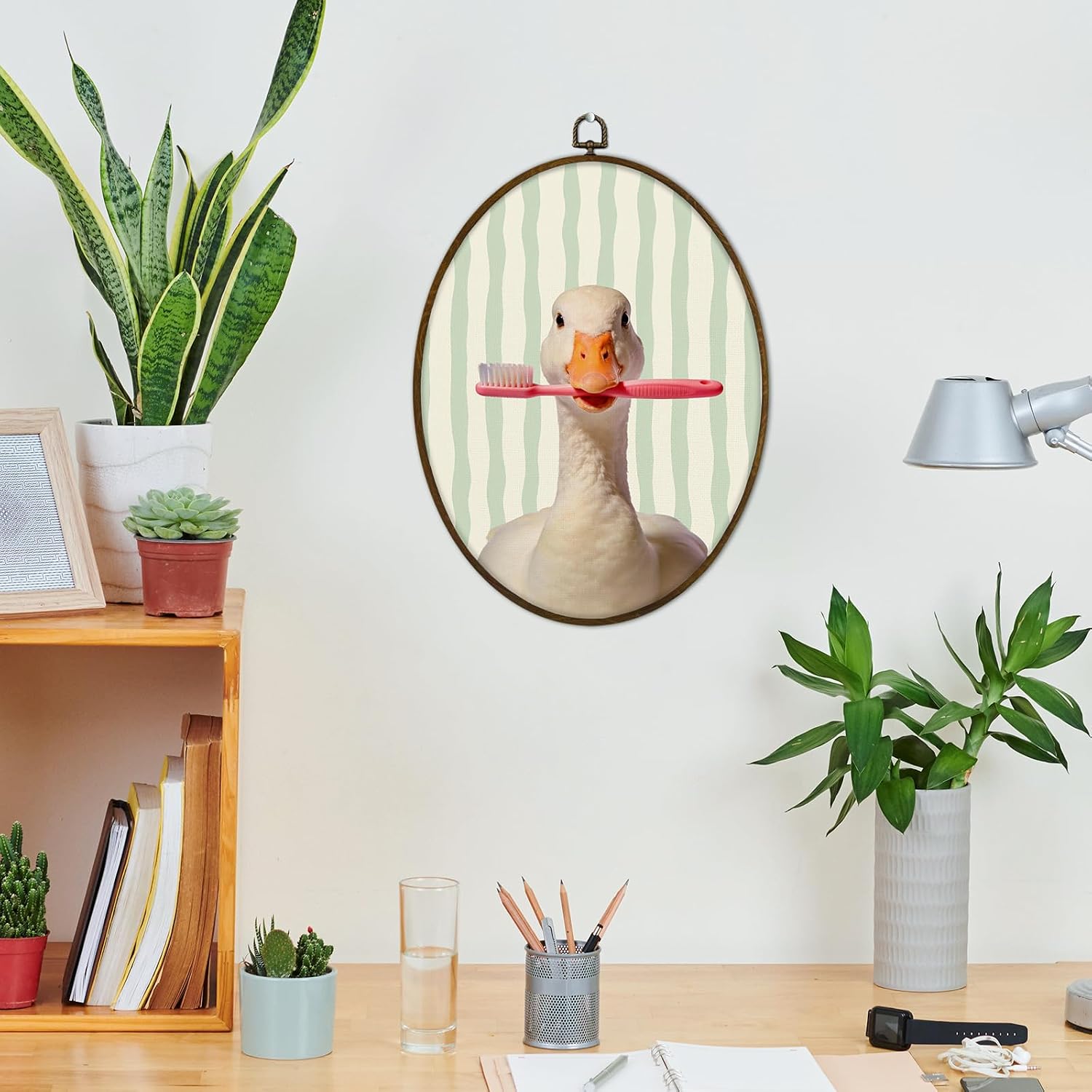 GWFSJYU Funny Goose Bathroom Framed Oval Wall Art Decor, Goose Toothbrush Canvas Prints Wall Art, Sage Green Striped Hanging Decor for Kids Room Restroom Bathroom, 8.7x11.3 Inch image 2