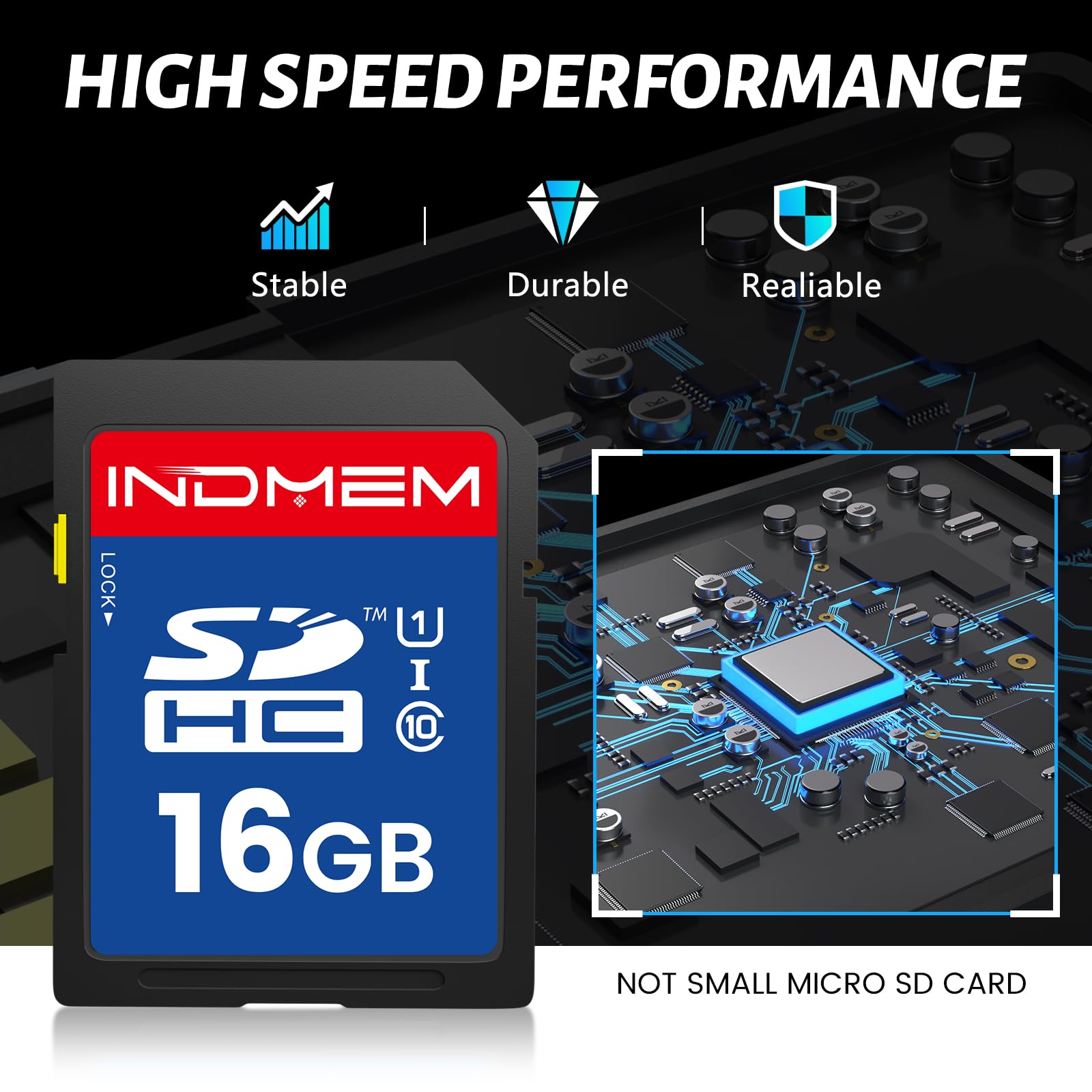 INDMEM - Scheda SD da 16 GB, confezione da 10 schede di memoria flash UHS-I classe 10 MLC, schede digitali sicure ad alta velocità per fotocamere, DSLR, Action Cam, archiviazione affidabile